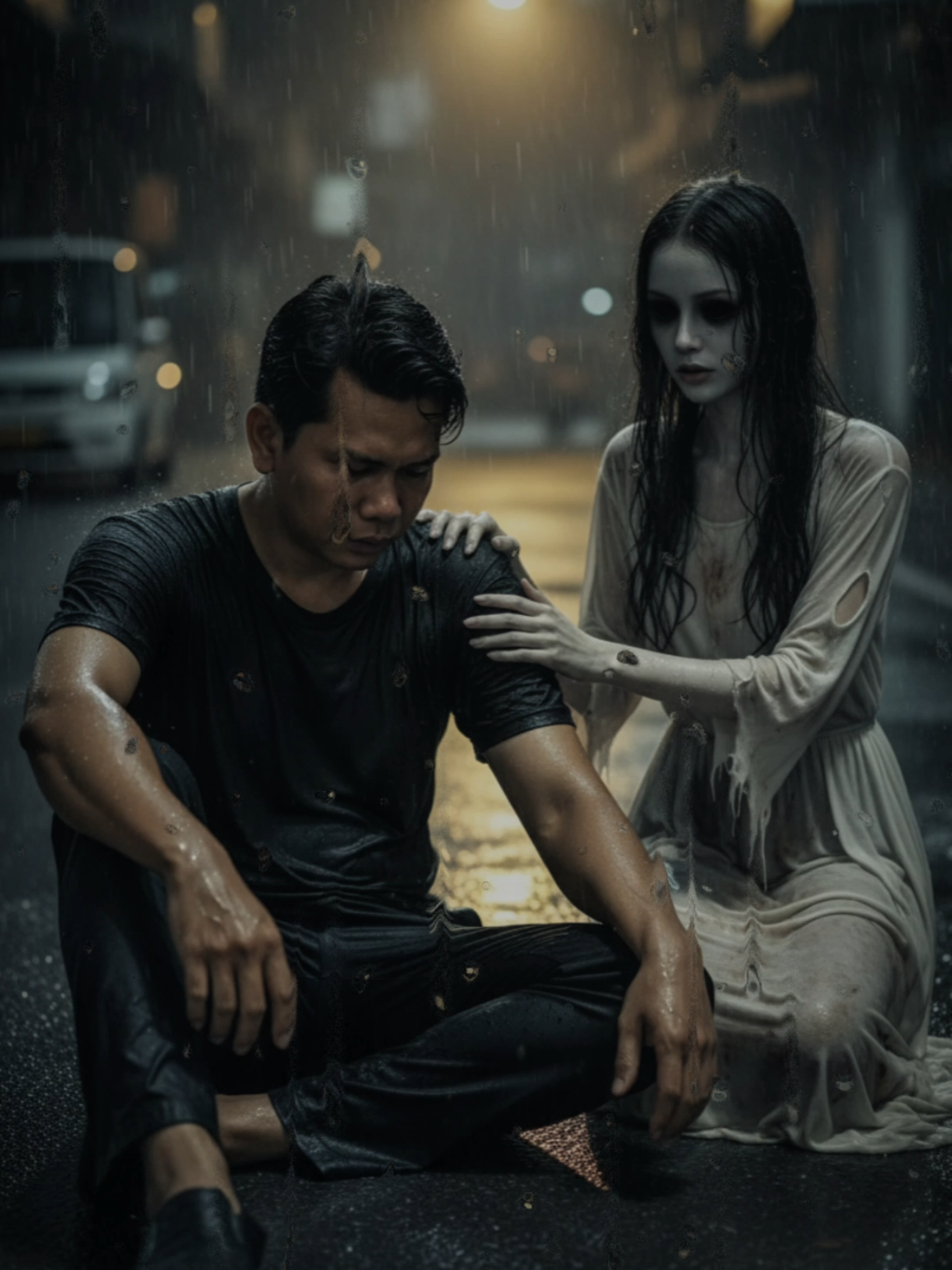TUTORIAL POTRET DUA ALAM  1. Buka AI (chat GPT / Gemini) bebas  2. Lampirkan foto kalian (wajah jlas / tdk terhalang) 3. Masukan prompt Gunakan 100% wajah dari foto. Potret sinematik ultra-realistis seorang pria duduk di jalan hujan di malam hari, mengenakan kaos hitam dan celana hitam basah melihat ke bawah dengan ekspresi sedih. seorang wanita pucat menyeramkan dengan mata hitam pekat, ekspresi datar, gaun putih panjang lusuh, dan rambut hitam panjang terurai dengan lembut menyentuh lengannya, tampak emosional dan halus .cahaya kuning hangat dari jendela terdekat memantulkan dengan lembut. Jalanan basah dan berkilau karena hujan.hiper-realistis, pencahayaan sinematik, tekstur sangat detail, ultra HD, resolusi 8K, suasana emosional. #kontenai #googlegemini #scary #trend #duaalam 