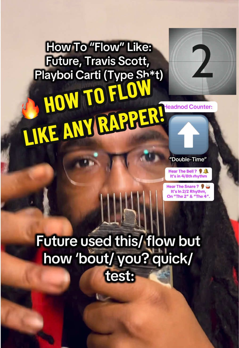 1. Nodding your head IS counting. Think of it like reading silently. Nodding is silent/thoughtless counting. 2. These are TOOLS NOT RULES. 3. Talking/Speech is a “motor Function”, like riding a bike. You learn about rapping by listening to it but kids learn to rap by memorizing songs, making parodies & then eventually freestyling and/or writing their own. 4. That makes Rapping a sport/an Athletic act. In Sports, superstars are people with natural gifts who work unnaturally hard with very advanced techniques. Don’t squander a gift by letting it rot away, feed the fist with training. 5. I been Rapping half my life, I know how to tap into my natural rhythms but I’m studying music so that i can go beyond my natural limits & I’m practing music in a certain way so that i can mutate into a new form with new a nature. #howtorap #howtoflow #rapping #freestyling #tutorials #lessons