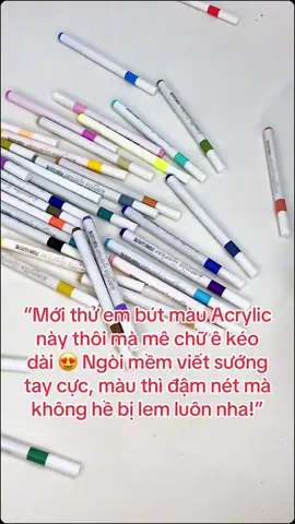“Mới thử em bút màu Acrylic này thôi mà mê chữ ê kéo dài 😍 Ngòi mềm viết sướng tay cực, màu thì đậm nét mà không hề bị lem luôn nha!” Link mua hàng https://s.shopee.vn/3AykxlB0xp #tapxaykenh #bútacrylic 