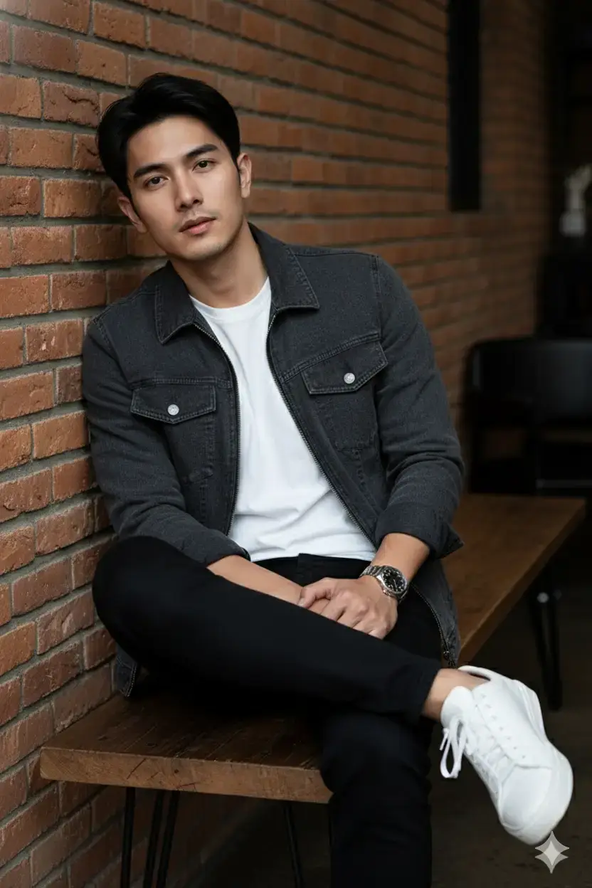 Simple Prompt: A photorealistic portrait of a young East Asian man, early 20s, slender, short dark hair, calm expression looking at viewer. He wears a dark grey textured zipper jacket over a white t-shirt, black slim-fit pants, and clean white sneakers. A silver watch is on his left wrist. He is seated casually on a rustic wooden bench, leaning against a warm reddish-brown brick wall, with his left leg crossed over his right and arms folded. Soft, natural lighting. Modern portrait photography. Detail Prompt: A young East Asian man in his early 20s, with short, dark hair styled neatly. He has a slender build and a calm, slightly introspective expression, looking directly at the viewer. ​Attire: ​Jacket: A dark grey, zippered jacket made of a material that appears slightly textured, possibly denim or a similar fabric. The sleeves are pushed up just below the elbows, revealing a wristwatch on his left wrist. ​Undershirt: A plain white t-shirt visible underneath the open jacket. ​Pants: Slim-fit black jeans or trousers. ​Shoes: Clean, white lace-up sneakers. ​Accessories: A silver-toned watch on his left wrist with a dark face. ​Pose: He is seated on a wooden bench, leaning casually against a brick wall. His left leg is crossed over his right, with his left foot visible closer to the viewer. His arms are crossed in front of him, resting on his knee. His posture is relaxed yet composed. ​Setting: ​Background: A warm-toned brick wall (reddish-brown, common in industrial or cafe settings) behind him. ​Seating: A rustic wooden bench with dark metal legs. ​Atmosphere: The lighting is soft and natural, suggesting an indoor setting like a cafe or loft. There are hints of other dark furniture or structures in the blurred background, creating a shallow depth of field. The overall mood is relaxed and stylish. ​Lighting: Soft, diffused lighting that highlights his face and the texture of his jacket, casting subtle shadows that add depth without being harsh. ​Camera Angle: Eye-level shot, slightly from the waist up, focusing on the subject. ​Style: Realistic, modern portrait photography. #googlegemini #aesthetic #fyp #boy #man 