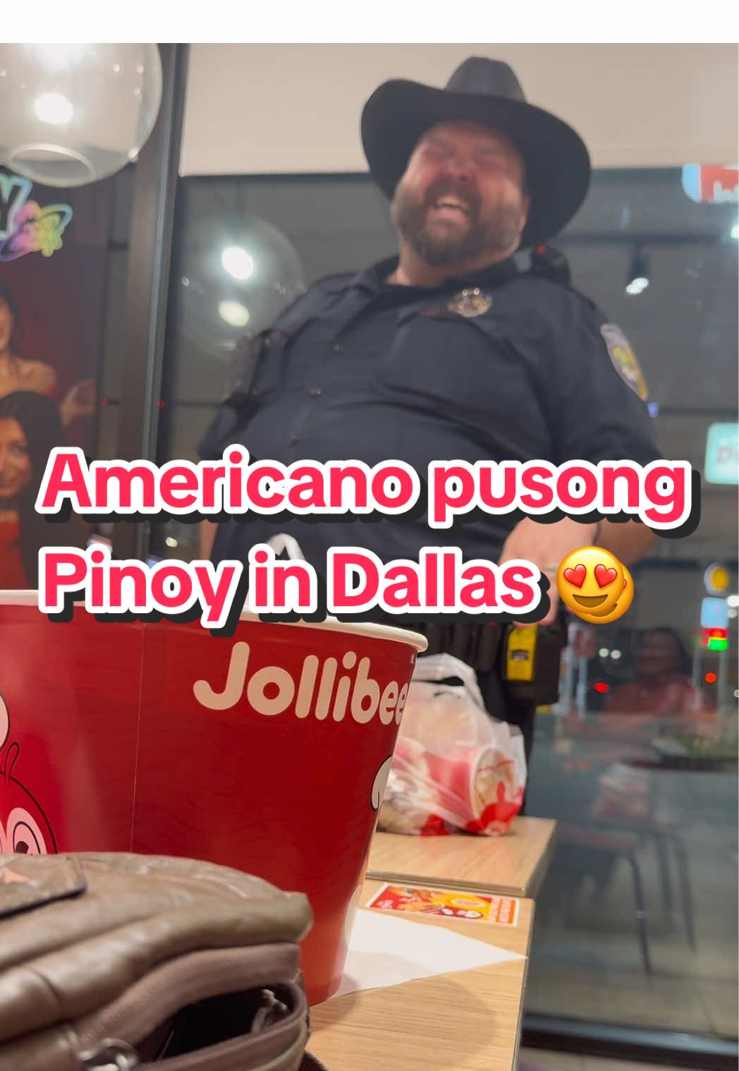 When I was in Dallas, TX, my friend and I ate at Jollibee for a late dinner. While we were enjoying our food, a police officer came in to order, and he was super friendly..talking to all the crew, laughing, and just full of energy. I was so surprised when I realized he was actually speaking Tagalog! When he was about to leave, I waved and said, “Sir, ang galing mong mag-Tagalog 🤣 Instead of walking out, he came over to our table and started chatting with us. It felt like I was talking to a Filipino with an American face! 😂 And this is how it went…@The Great White Pinoy! Thank you sir for loving our country and culture. Hope we meet again when i go back to Dallas😃 #americanspeakingtagalog #policeofficersoftiktok 