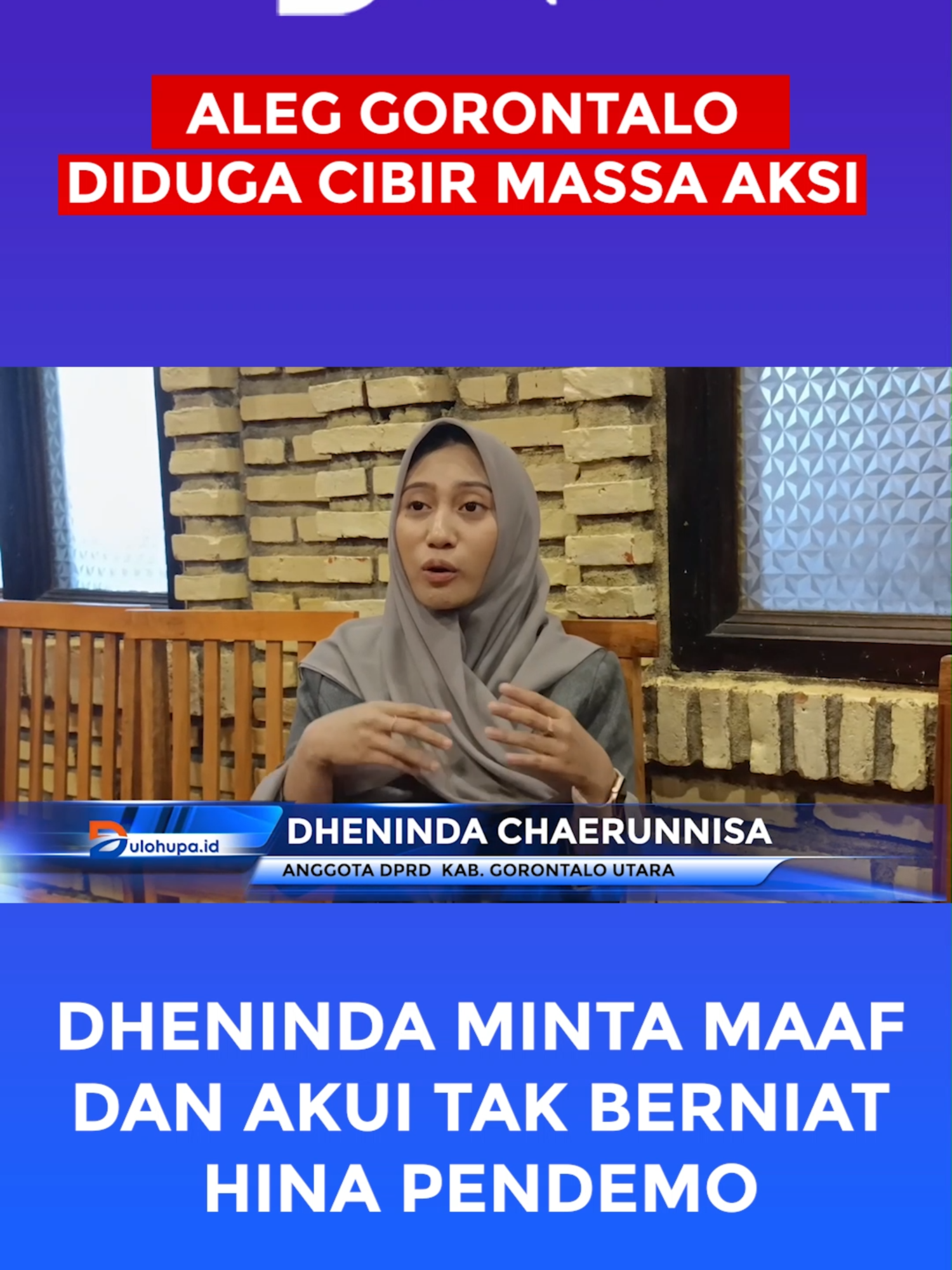 Klarifikasi Anggota DPRD Gorontalo Utara, Bantah Tudingan Cibir Pendemo Dheninda Chaerunnisa, seorang anggota DPRD Kabupaten Gorontalo Utara dituding menunjukkan gestur diduga mencibir pendemo saat menerima aspirasi di depan kantor DPRD pada Senin (13/10/2025) kemarin. Menanggapi aksinya yang viral, Dheninda membantah tudingan mengejek hingga meremehkan pengunjuk rasa. Ia menegaskan apa yang terlihat dalam video merupakan potongan dari situasi sebenanarnya. Ia meminta agar kejadian itu dilihat dari berbagai sisi, bukan dipelintir seperti itu. Menurutnya, gerakan bibir dan kepala yang dilakukannya adalah bentuk respon ekspresi terhadap salah satu karyawannya yang saat itu memberikan semangat kepadanya di tengah suasana aksi demo. “Aku nggak tahu juga kenapa sampai disalahartikan seperti begitu. Mungkin saat orasi berlangsung,  karyawanku ada di belakang situ dan menunjukan ekspresi keren kepada saya, makanya saya berekspresi seperti itu,” ungkap Dheninda kepada awak media sambil menangis, Selasa (14/10/2025). Ia menyayangkan video itu dipelintir sehingga menimbulkan kesalahpahaman di masyarakat. Ia memohon maaf kepada publik atas kegaduhan, meskipun dinilainya tidak ada niat untuk mencibir.