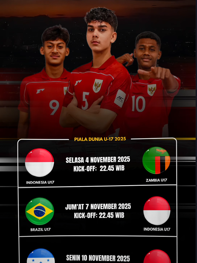 📌RESMI‼️Jadwal Timnas Indonesia U-17 di Piala Dunia U-17 Qatar 2025 bulan November.  Dukung & Saksikan Timnas Indonesia U-17, Indonesia U-17 vs Zambia U-17 Brazil U-17 vs Indonesia U-17 Honduras U-17 vs Indonesia U-17, Live di TV Nasional.  #timnasindonesia #timnasu17  #pialaduniau17qatar2025  #jadwaltimnas #garudamuda 