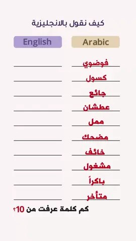 كلمات بسيطة.. لكنها الأساس لأي محادثة بالانجليزية! تعلمها اليوم وابدأ التحدث بثقة 💬✨ هل تريد أن تبدأ تعلم اللغة الانجليزية من الصفر؟ 🇬🇧 في هذا الفيديو القصير، ستتعلم أهم 10 كلمات أساسية في اللغة الإنجليزية تُستخدم يوميًا في الحياة الواقعية! هذه الكلمات البسيطة مثل Messy – Lazy – Hungry – Thirsty – Boring – Funny – Scared – Busy – Early – Late هي أساس كل محادثة، وستساعدك على فهم اللغة بسرعة والتحدث بثقة في المواقف اليومية. 🎯 في هذا الدرس: 🔹 ستسمع النطق الصحيح لكل كلمة 🔹 ستتعلم المعنى بالعربية بطريقة سهلة وواضحة 🔹 ستعرف كيف تستخدم كل كلمة في الحياة اليومية ✨ أمثلة من الفيديو: Messy = فوضوي Lazy = كسول Hungry = جائع Thirsty = عطشان Boring = ممل Funny = مضحك Scared = خائف Busy = مشغول Early = باكراً Late = متأخر 💡 هذا الفيديو مناسب للمبتدئين (Beginner Level) الذين يريدون بناء أساس قوي في اللغة الإنجليزية دون تعقيد أو قواعد صعبة. شاهد، استمع، وردّد معي لتتقن النطق والمعنى معًا! learn english for beginners, basic english words, english arabic translation, تعلم الانجليزية للمبتدئين, كورس انجليزي, تعلم نطق الكلمات, english vocabulary, تعلم المحادثة, تعلم الانجليزية من الصفر, تعلم الكلمات الأساسية #تعلم_الانجليزية #اللغة_الانجليزية #انجليزي #الشعب_الصيني_ماله_حل😂😂 