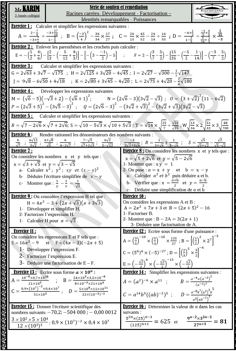 série  de soutien et remédiation sur les racines carrées- identités remarquables- développement et factorisation- puissances karimaths #college #foryoupage #fyp #TikTokLIVE #maths 