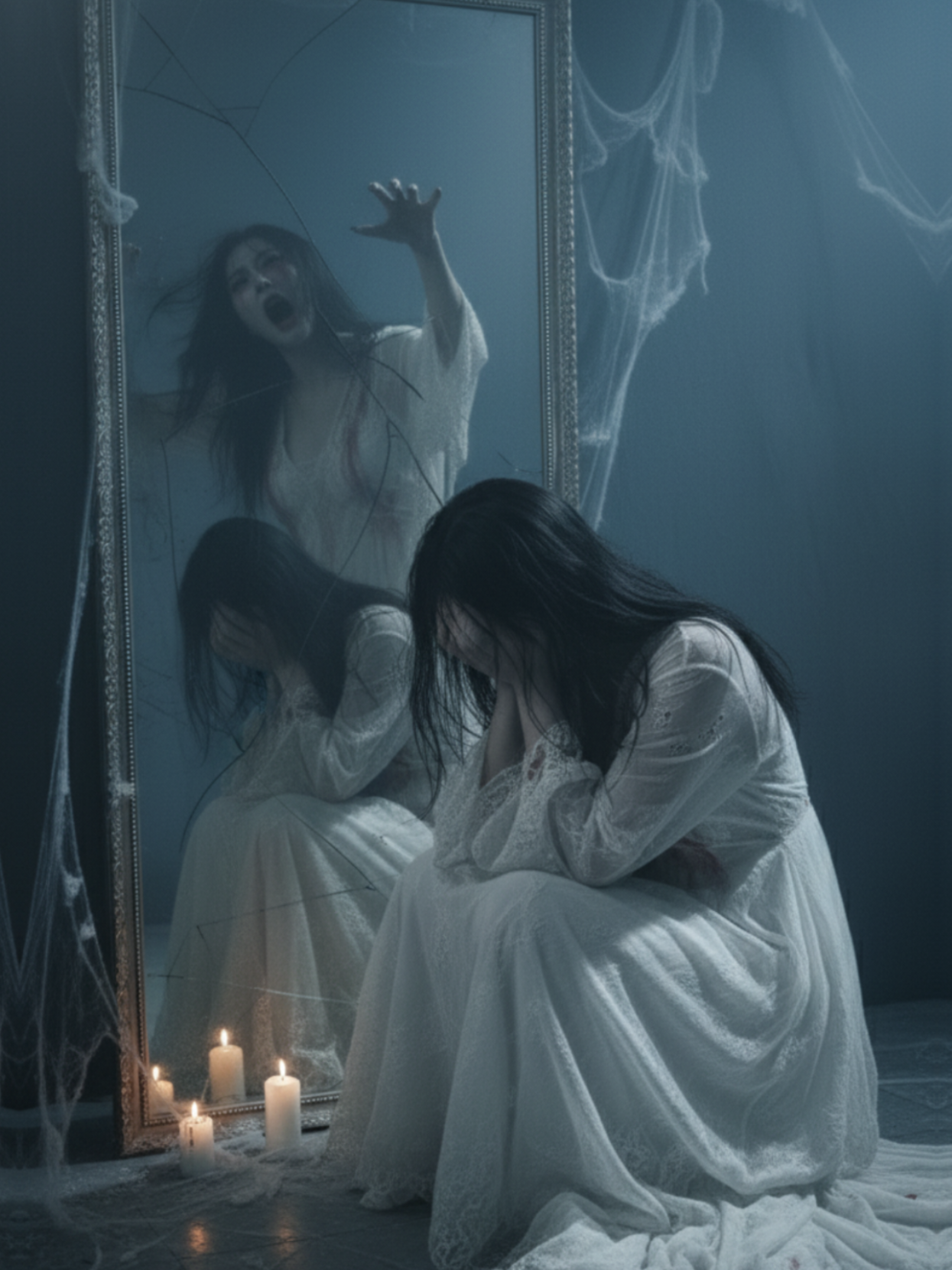 ทำ Prompt ไว้รอสาวๆ เล่น Halloween  (Prompt ภาษาไทย): ใช้ใบหน้าจากไฟล์ที่แนบมา100℅ ห้ามเปลี่ยนแปลงใบหน้า. คำสั่งสร้างภาพ หญิงสาวในกระจกสวมชุดขาวซีดแบบเจ้าสาว ผ้าลูกไม้ปลิวบางๆ ปลายชุดขาดรุ่ย มีรอยน้ำสีเเดงจางๆ ผมยาวดำชื้นปิดใบหน้าบางส่วน ยืนอยู่หน้ากระจกแตกในห้องเก่ามืด เงาสะท้อนในกระจก เป็นเงาสีดำคลายควัน ในกระจกสะท้อนใบหน้าซีด ดวงตาเศร้าและว่างเปล่า มือแตะกระจกเบาๆ เหมือนจะออกมา พื้นห้องปกคลุมด้วยฝุ่น หมอกขาวบางๆ ลอยรอบตัว มีแสงเทียนริบหรี่สะท้อนในกระจก แต่งหน้าแนวหญิงสาวซีดขาว ปากแดงเลือด รอยน้ำตาแดง ผิวเหมือนเงากระจก โทนสีเย็น เทา ขาว น้ำเงินหม่น ให้บรรยากาศสยองแบบศิลป์ ภาพแนวสมจริง (realistic cinematic horror style), eerie lighting, reflective mood, ultra detailed 8K, ghostly beauty, haunting Y2K aesthetic #gemini #prompt #ai #ติดเทรนวันนี้ #halloween 