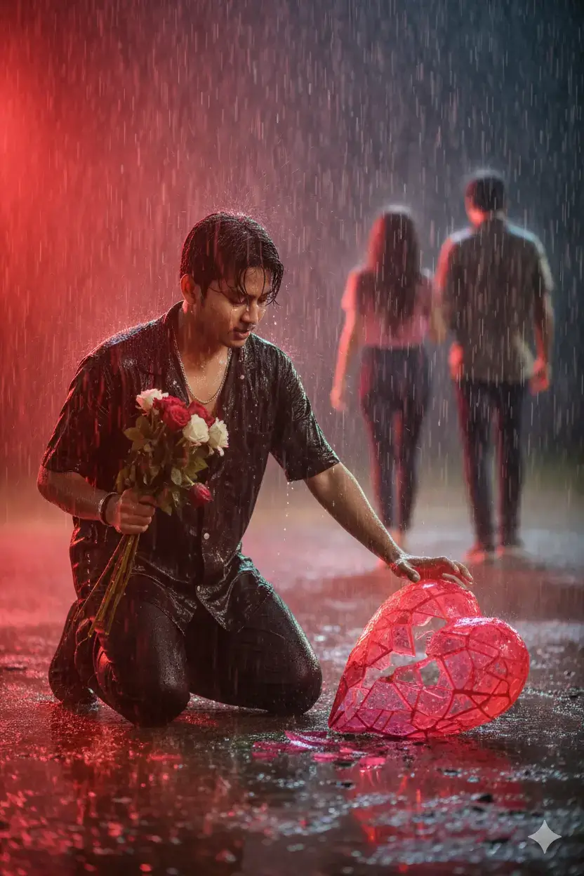 #Create a highly detailed cinematic scene under pouring rain. The boy kneels on one leg in the rain, bouquet in one hand, reaching for a broken red heart on the ground. His shirt is soaked, hair dripping, eyes full of tears. Behind him, a girl walks away with another boy, fading into the rain. Half the background glows red, symbolizing heartbreak, while soft light reflects off puddles. #aipromt #gemini #broken #trending