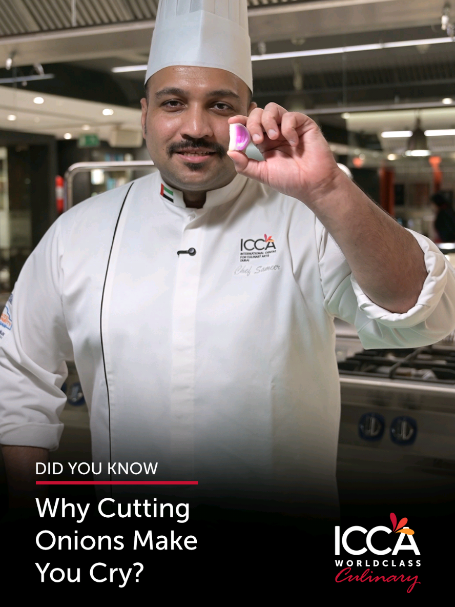 🧅 Did You Know? 👨‍🍳💡 Ever wondered why you cry when cutting onions? It’s because onions release sulphur compounds that react with the nearest source of moisture — your eyes! 😢 Chef Sameer shares a simple kitchen fix: 👉 Place a wet paper towel near your cutting board. The sulphur reacts with the towel instead of your eyes — no more tears! why we cry when cutting onions, kitchen hacks, culinary school tips, chef tips Dubai, ICCA Dubai students #ICCADubai #CulinaryTips #KitchenHacks #ChefSecrets #CookingMadeEasy 