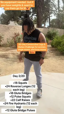 Ladies! Day 2/20 Consecutive Legs & Glutes Challenge for women, single moms, and busy moms 💪🍑 Each workout will take 20 minutes or less ⏱️ and will progressively get harder every day 🔥 No equipment needed — but if you have weights and want to use them, go for it! 🏋🏽‍♀️ _ Turn on notifications for my posts 🔔 so you don’t miss the daily workouts! So get ready to start strong! 💥 _ If you’re in the Vegas area and want to join me in person to complete the challenge , send me a message 💬 #LegsAndGlutesChallenge #BusyMomWorkout #StrongWomen #VegasFitness #TheRepNationJourney
