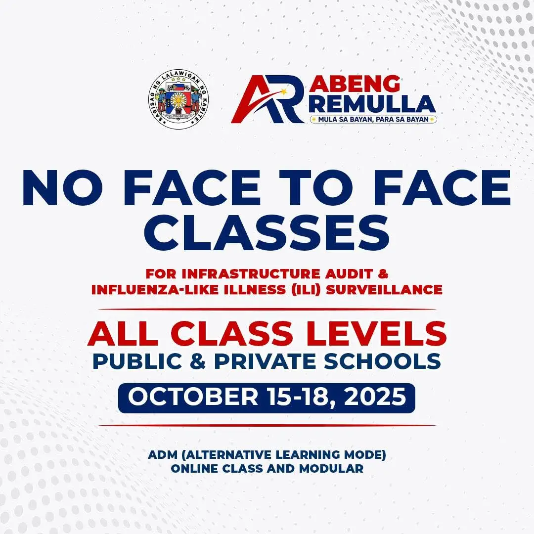 Gov. Abeng Remulla, Sinuspende ang Klase sa Buong Cavite para sa ILI Surveillance at Earthquake Prep Ipinag-utos ni Governor Abeng Remulla ang suspensyon ng face-to-face classes sa lahat ng antas, pampubliko at pribado, sa buong lalawigan ng Cavite mula Oktubre 15 hanggang 18, 2025. Layunin ng hakbang na ito na bigyang-daan ang Influenza-Like Illness (ILI) surveillance at ang paghahanda para sa “The Big One,” o ang posibleng malakas na lindol na maaaring maranasan sa hinaharap. Sa panahon ng suspensyon, ipatutupad ng mga paaralan ang Alternative Delivery Mode (ADM) gaya ng online classes at modular learning upang matiyak na magpapatuloy pa rin ang pag-aaral ng mga mag-aaral. Ayon kay Gov. Remulla, ito ay isang proactive na hakbang upang mapangalagaan ang kalusugan at kaligtasan ng bawat Caviteño sa gitna ng mga hakbang para sa kalusugan at kahandaan sa sakuna. #calabarzontoday #walangpasok #thebigone #cavite #govabengremulla 