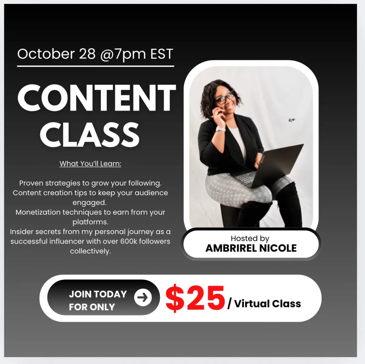 ✨What You’ll Learn: Proven strategies to grow your following💯 Content creation tips to keep your audience engaged 📸 Monetization techniques to earn from your platforms💰 Insider secrets from my personal journey as a successful influencer 🌟 👉🏽Who This is For: Aspiring influencers 📲 Small business owners 🛍️ Entrepreneurs 💼 Anyone looking to boost their online presence📈 🔖 Limited-Time Offer:  Don’t miss out on this opportunity to transform your social media presence and achieve your goals.✨
