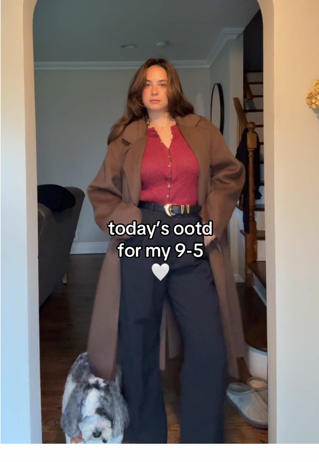 Today’s ootd with my sidekick Shiloh of course 🐶🐶  Top - @Free People  Pants - @abercrombie  Shoes - @Dolce Vita Footwear  Jacket - @The Frankie Shop  Belt - @madewell  Jewelry - @Kendra Scott @PAVOI  #OOTD #9to5 #corporate #outfitoftheday #fyp 