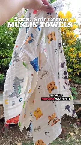 Towel na very absorbent at gentle lang sa balat dahil sobrang lambot. Muslin Cotton Towels na sobrang sulit dahil 5pcs. na sa isang pack. 25x50cm ang size nito. #muslintowel #softcotton #absorbenttowel #babymuslintowel #kidsessentials 