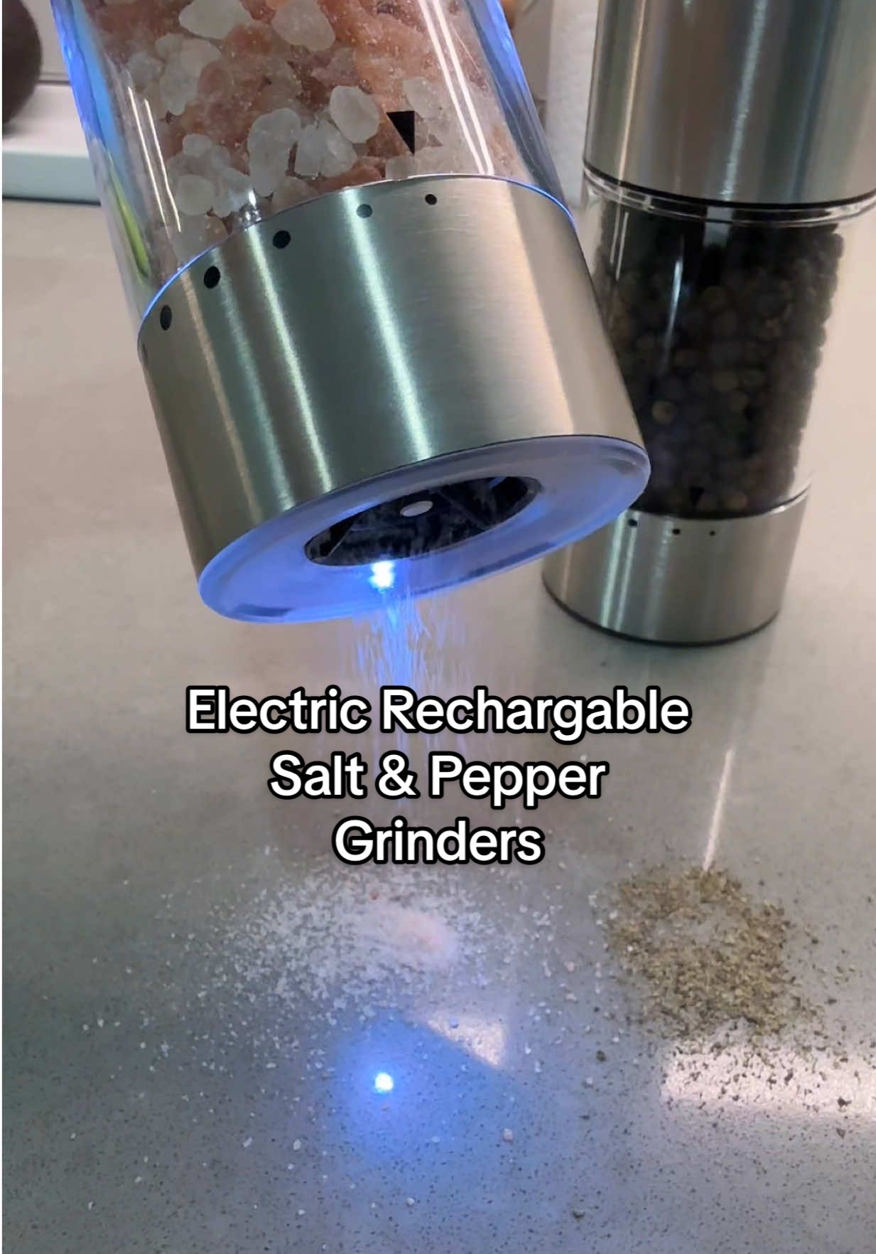 Twp pack Electric refillable salt and pepper shakers with a light —- such a fun upgrade and makes a wonderful gift for any home cook ##grinders##kitchengadgets##kitchenupgrade##homecook##kitchengifts 