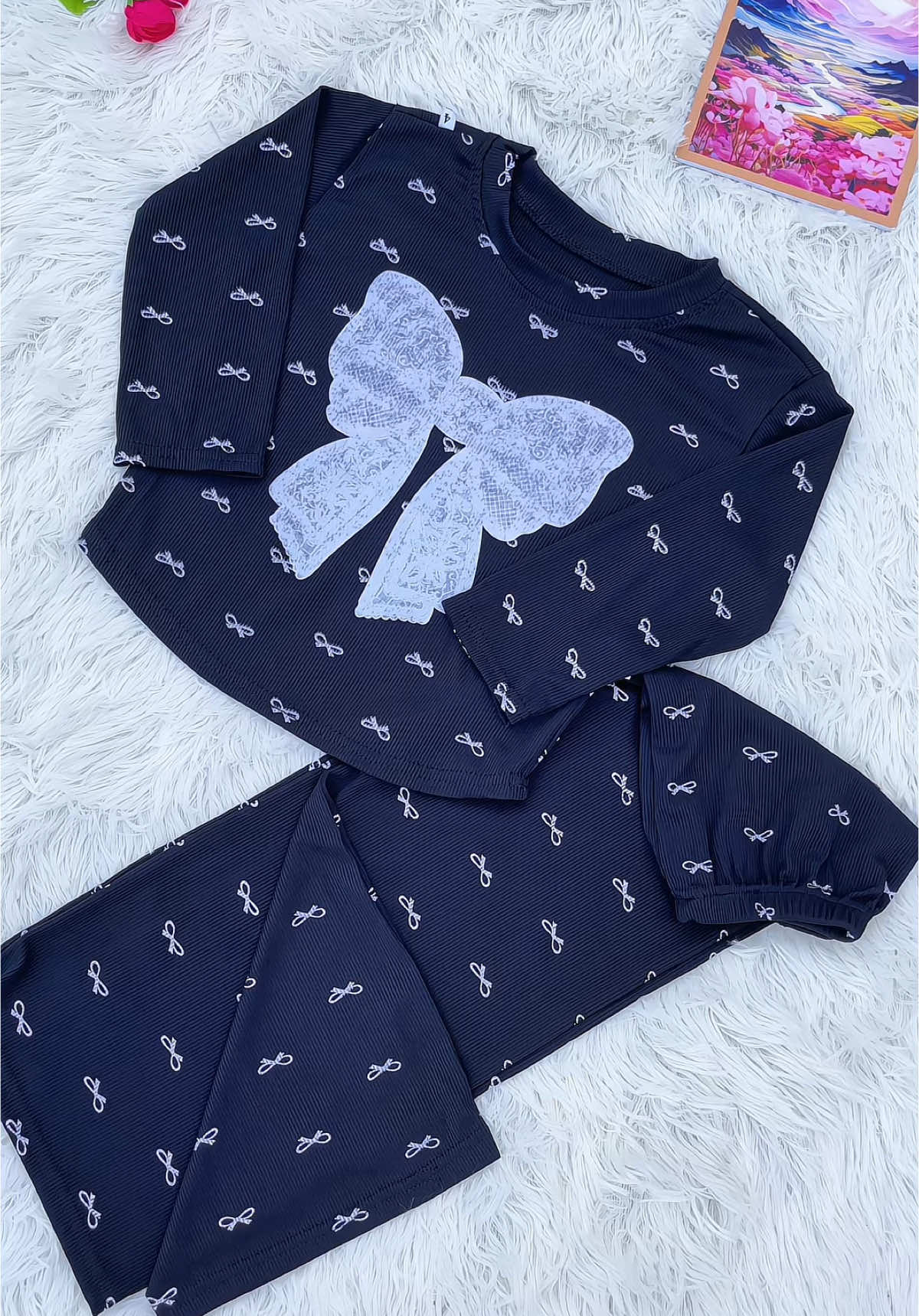 Bộ dài tay thu đông in hình nơ  cho bé gái 