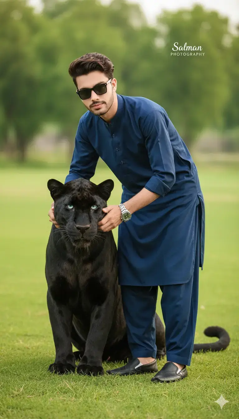 Prompt 4). Create a hyper realistic 8K portrait of a stylish man Original face no edit stands beside a black Puma, gently caressing its face with affection. He is wearing a dark blue shalwar kameez.black classic shoes. Black sunglasses , with a silver wristwatch visible on his wrist. His expression is calm and focused, showing a strong bond with the panther . Panther blue eyes.The background is softly blurred with green trees and natural daylight, giving the scene a cinematic and warm atmosphere. Picture taken from far, wide shot. Incorporate the name.Salman Photography' in a sophisticated, unobtrusive font, subtly integrated into the upper right corner of the frame.