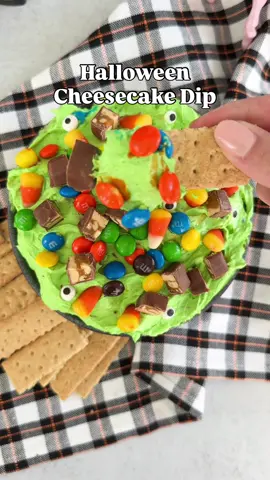 You’ve got to make this Halloween Cheesecake Dip! This simple vanilla cheesecake dessert is no-bake and dyed green for a spooky touch! It’s so simple to mix together! INGREDIENTS - 8 oz softened cream cheese - 1/4 cup powdered sugar - 1/2 tbsp vanilla - 8 oz Cool Whip - 1/4 cup chopped Snickers - 1/4 cup chopped Twix - 1/4 cup chopped Reeses - 1/2 cup M&Ms - 1/4 cup candy corn #cheesecakedip #nobakecheesecake #dessertideas #HalloweenTreats #halloweendesserts #halloweencandy