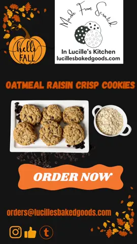 Oatmeal Raisin Crisp Cookies Sweet raisins, buttery oats, and that perfect golden crunch — fall just got a little sassier. Because why leaf good cookies behind? 🍂😉 Lucille’s Baked Goods www.lucillesbakedgoods.com #LucillesBakedGoods #OatmealRaisinCookies #MakeItFalling #FallCravings #ButterMakesItBetter   