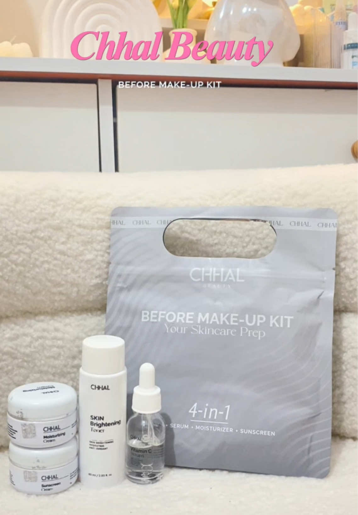 Prep your skin for perfection! 🌸 The @CHHAL BEAUTY before make-up kit combines toner, Vitamin C serum, moisturizer, and SPF in one. Say goodbye to cakey makeup! #ChhalBeauty #SkincareWithChhal #GlowwithChhalBeauty 