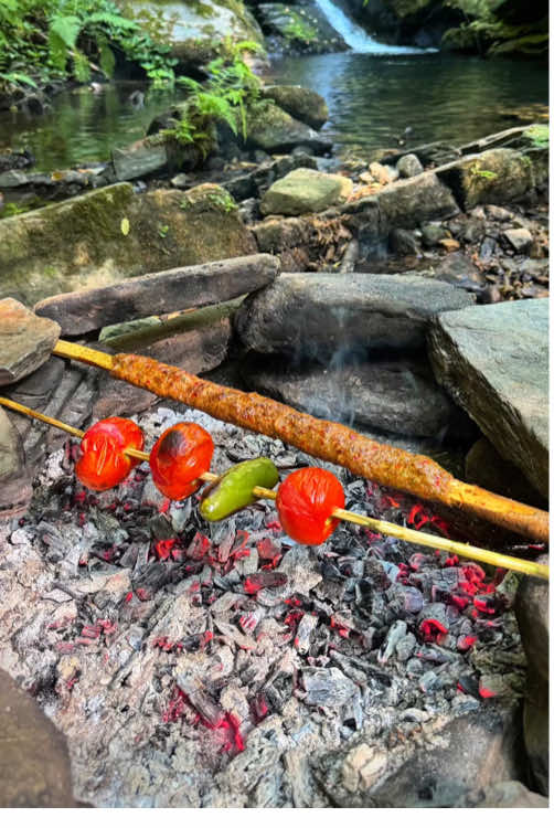 Beef skewers grilled over charcoal in the wild 🥩🪵💦🌲 #cookingasmr #leon #outdoorcooking #beef #grilled 