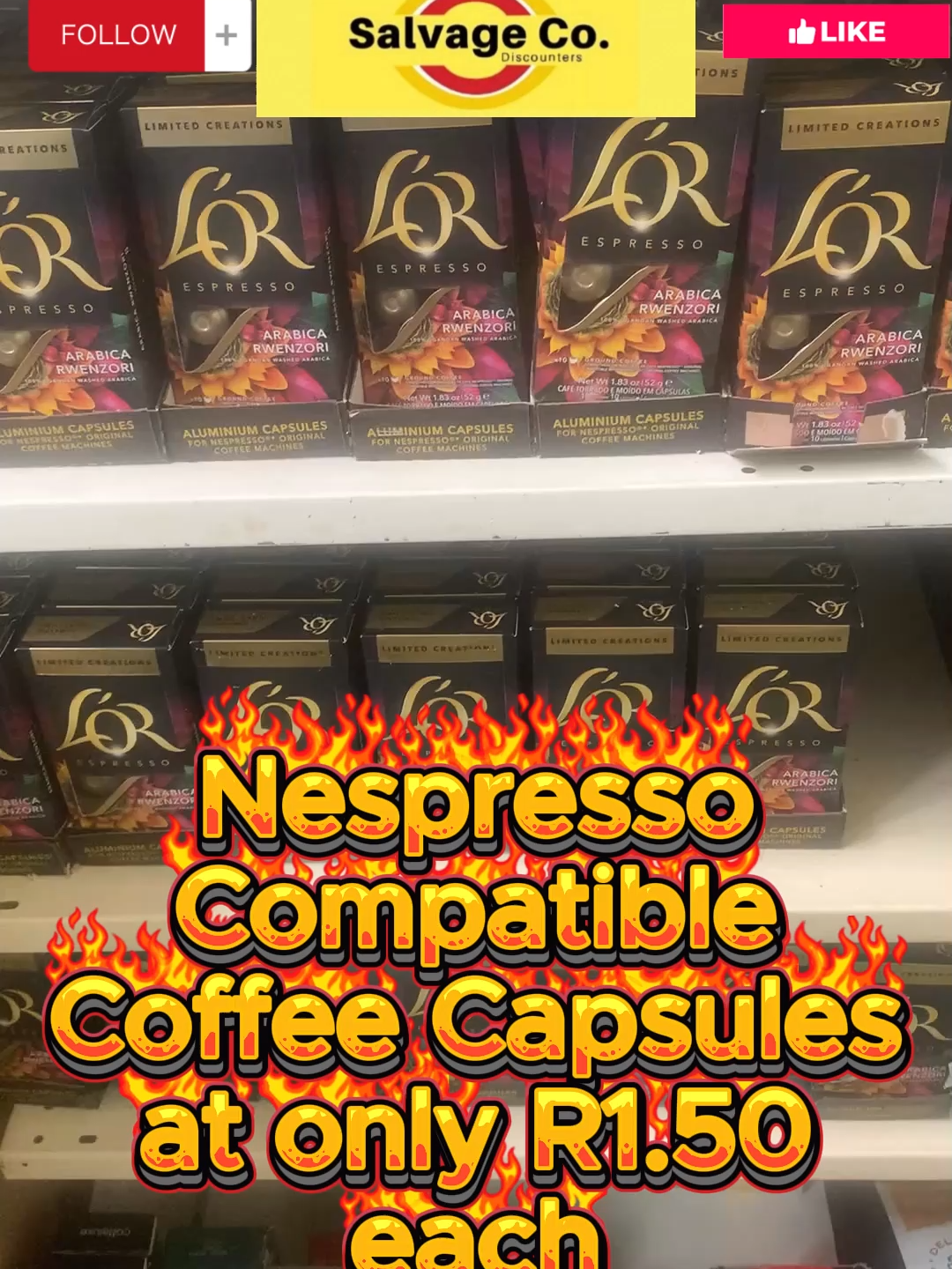 Nespresso Compatible  Coffee Capsule Specials at Salvage Co. Salvaged Goods Factory Shop L’Or Coffee Capsules Box of 10: only R19.99 (R2 each) 2 Boxes of 10: only R29.99 (R1.50 each)   Please, remember to tell the shop when you visit them: “Marius told me to come”. E & OE Prices can be subject to slight fluctuations from time to time. Offers valid while stocks last. Salvage Co. Salvaged Goods Factory Shop - all contact details and more info can befound via the following link: following link: http://www.safactoryshops.co.za/salvageco   We sell from our store and online Corner of Carbon and Ebrahim Roads Primrose Park Cape Town #discount #shopping #saLE #coffee #nespresso