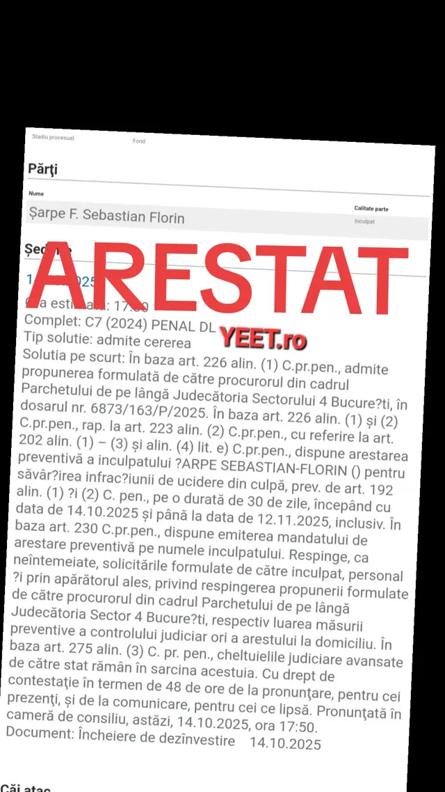 Admite propunerea formulată de către procurorul din cadrul Parchetului de pe lângă Judecătoria Sectorului 4 Bucure?ti, în dosarul nr. 6873/163/P/2025. În baza art. 226 alin. (1) şi (2) C.pr.pen., rap. la art. 223 alin. (2) C.pr.pen., cu referire la art. 202 alin. (1) – (3) şi alin. (4) lit. e) C.pr.pen., dispune arestarea preventivă a inculpatului ?ARPE SEBASTIAN-FLORIN () pentru săvâr?irea infrac?iunii de ucidere din culpă, prev. de art. 192 alin. (1) ?i (2) C. pen., pe o durată de 30 de zile, începând cu data de 14.10.2025 şi până la data de 12.11.2025, inclusiv. În baza art. 230 C.pr.pen., dispune emiterea mandatului de arestare preventivă pe numele inculpatului. Respinge, ca neîntemeiate, solicitările formulate de către inculpat, personal ?i prin apărătorul ales, privind respingerea propunerii formulate de către procurorul din cadrul Parchetului de pe lângă Judecătoria Sector 4 Bucure?ti, respectiv luarea măsurii preventive a controlului judiciar ori a arestului la domiciliu. În baza art. 275 alin. (3) C. pr. pen., cheltuielile judiciare avansate de către stat rămân în sarcina acestuia. Cu drept de contestaţie în termen de 48 de ore de la pronunţare, pentru cei prezenţi, şi de la comunicare, pentru cei ce lipsă. Pronunţată în cameră de consiliu, astăzi, 14.10.2025, ora 17:50.