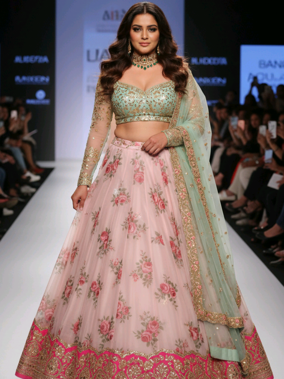 Prompt Ai wanita memakai pakaian india/Bollywood Buatkan gambar hyper-realistic, wajahnya sama persis dengan foto referensi (100% tanpa perubahan pada wajah, mata, struktur wajah, alis, hidung, bibir dan badan) Sebuah panggung peragaan busana glamor India menampilkan seorang model perempuan yang berjalan dengan percaya diri di atas catwalk. Ia mengenakan Lehenga (Rok Panjang) Warna dasar: Pink pastel lembut. Motif: Floral dengan desain bunga mawar dalam warna pink dan hijau yang halus. Bordir & hiasan: Dihiasi dengan bordiran benang emas (zari work) yang kaya di bagian bawah (hemline). Terdapat dua lapisan border: Lapisan pertama berwarna hot pink dengan motif bordiran emas berbentuk floral/ornamental. Lapisan atasnya berwarna pastel pink dengan garis bordiran emas yang lebih halus. Material: Kemungkinan besar organza atau net dengan lapisan dalam, agar jatuhnya mengembang dan anggun. Choli (Blouse / Atasan) Warna: Pastel hijau mint (mint green). Desain: Leher berbentuk sweetheart neckline. Dihiasi dengan bordiran emas dan payet di seluruh bagian depan. Lengan transparan (sheer sleeves), juga dengan detail bordir halus berwarna emas. Fit ketat, menonjolkan bentuk tubuh, dan dipadukan dengan gaya modern namun tetap tradisional. Material: Net transparan dengan bordiran emas dan bahan dalam yang tidak tembus pandang. Dupatta (Selendang) Warna: Sama dengan choli, pastel mint green. Material: Net transparan, ringan dan mengalir. Bordir: Tepiannya dihiasi dengan bordiran emas yang mewah, menyerupai motif floral klasik India. Taburan detail halus (kemungkinan mirror work atau sequins kecil) di seluruh permukaannya. Cara pakai: Disampirkan di salah satu bahu dan dibiarkan menjuntai ke bawah. Aksesori Kalung choker: Berdesain tradisional India. Warna emas dengan hiasan batu mulia atau kristal (kemungkinan hijau atau merah). Makeup & Rambut: Makeup glamor namun elegan: contour tegas, mata smoky, lipstik nude. Rambut digerai dengan gaya gelombang besar (loose waves), menambah kesan anggun dan modern. Latar belakangnya dipenuhi oleh penonton yang duduk dan para fotografer, mengabadikan momen tersebut dengan ponsel mereka. Pencahayaannya dramatis, menonjolkan model dan busananya. #bollywood #fypage #fypシ゚ #fyppppppppppppppppppppppp #fyp 