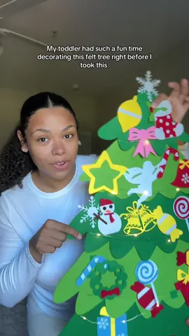 Keep your little ones entertained this holiday season with this Felt  Tree for Kids! Includes fun Velcro ornaments ❤️ #velcrotree #toddlerchristmasdecor #christmasdecor #feltchristmasornaments 