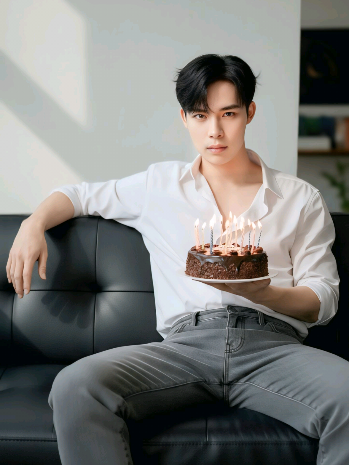 ส่วน 43 |📍Gemini✨แจก Prompt สำหรับสร้างภาพแนว ผู้ชายถือเค้กวันเกิด🥳🥲 prompt : Photorealistic editorial portrait ของ ผู้ชายจาก ต้นแบบ(โครงหน้าทรงผมและบุคคล 100% ตามภาพ อ้างอิง) นั่งบนโซฟาหนังดำข้างหนึ่งพาดด้านหลัง ขาเปิดกว้างพอประมาณ เข้าหากล้องมือข้างหนึ่งถือเค้กช็อกโกแลต 1 ปอนด์จุดเทียนสว่างไสวแบบ เท่ห์ เซิ้ตขาวปลดกระดุม แขนเสื้อพับกางเกงยืนส์เทา ผมยุ่งดำสั้นใบหน้ากลมเรียบ สีหน้าจริงจัง แสงธรรมชาติจากซ้าย สร้างเงาบนผนังหลัง  #happybirthday  #Prompt  #ผู้ชายเท่   #tiktokviral  #fypシ゚ 