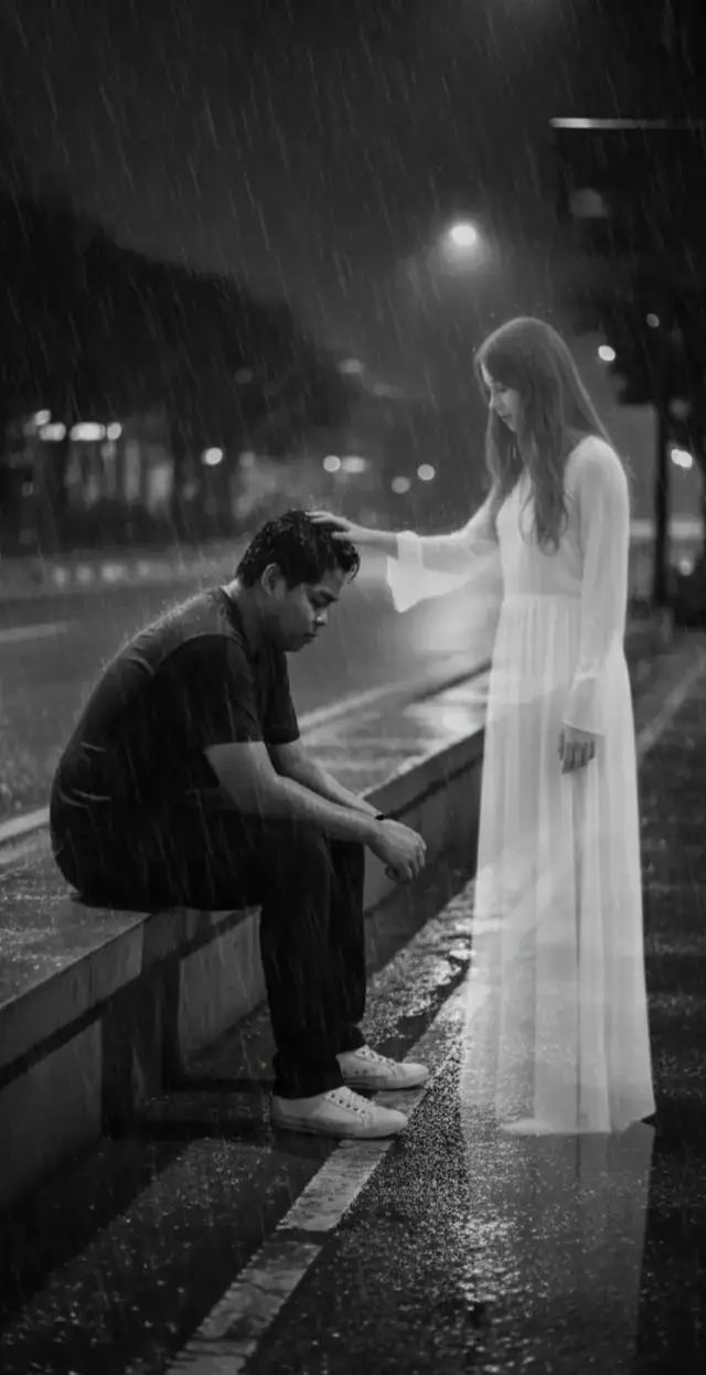 buatkan foto Seorang pria duduk sendirian di bangku beton di tepi jalan pada malam hari di sertai dengan hujan dengan kepala mengarah ke atas, dan ekspresi penuh kesedihan serta keputusasaan. Ia mengenakan kaus gelap dan celana panjang lengkap dengan sepatu sneaker putih. ia duduk dalam posisi membungkuk dengan siku bertumpu pada lutut, menciptakan kesan kehilangan dan keheningan batin. pertahankan wajah asli dalam gambar tersebut tanpa di ubah sedikit pun. Di depannya muncul sosok perempuan transparan menyerupai roh atau arwah, yang tampak menyentuh kepala pria tersebut dengan lembut, seolah berusaha menenangkan atau menghiburnya. Sosok wanita itu memiliki rambut panjang dan mengenakan gaun putih panjang yang berdiri di depan pria tersebut, memancarkan aura lembut dan misterius. Pemandangan malam di latar belakang menampilkan lampu-lampu kota yang redup dan jalan yang sepi, menciptakan suasana melankolis dan mistis. Gaya (opsional): fotografi hitam putih, tone emosional dan dramatis, suasana suram dan sendu, efek transparansi lembut pada sosok roh, pencahayaan malam alami dengan bayangan halus, fokus pada makna emosional dan hubungan spiritual antara dua sosok. #gemini #geminiia 
