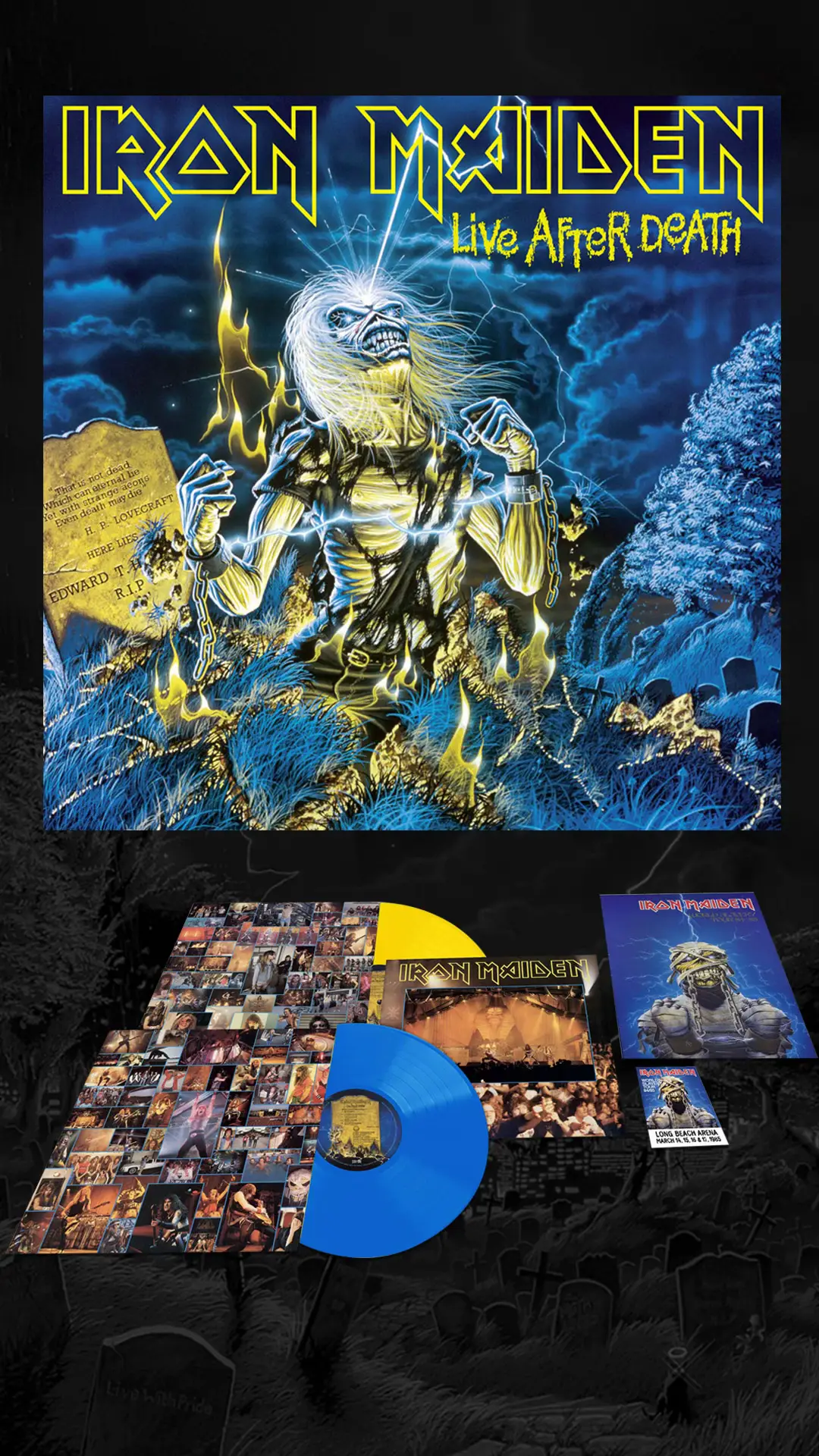 We’re happy to announce a brand new 2 LP collectors edition colour vinyl of the legendary live album! With the original gatefold sleeve artwork, one blue and one yellow 140g vinyl, a replica World Slavery Tour programme, this album also offers the original 8-page booklet with an additional essay: ‘Rime And Punishment: Celebrating 40 Years Of Live After Death,’ featuring interviews with Steve, Nicko, Rod, and album artwork designer Derek Riggs. As Steve explains of the time, “We were touring our arses off. It was literally just, ‘record, tour, record, tour’ – we didn’t stop. Rod was cracking the old whip, and that was the right thing to do. I mean, we were totally up for it, it’s not like we were doing stuff that we didn’t want to do. You think you’re invincible – ‘Yeah, we’ll take that on, no problem.’ That’s the way to crack it. It’s the only way for a band like us because we had no radio play whatsoever back then.” To be released on 28 November everywhere, and 12 December for USA. Head to IronMaiden.com or go to IronMaiden.lnk.to/LiveAfterDeath40 to preorder your copy  #LiveAfterDeath #IronMaiden 