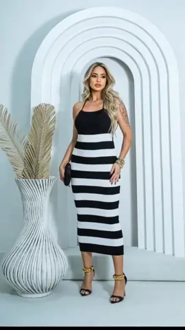 Link de compras na bio 🛍️. Vestido feminino midi, tricot listrado, com alças finas e amarração nas costas.  Encontre agora na shopee 😉🛍️. #vestido #modafeminina #comprasonline #foryou #fypp 