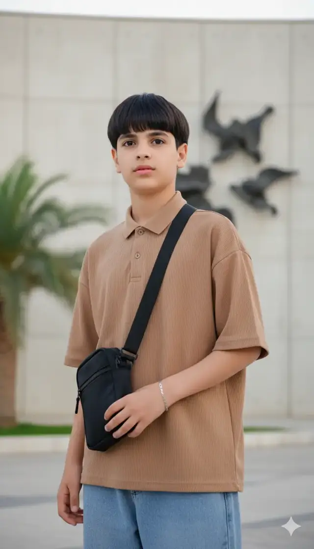 واقعية واستخدم وجه الصورة المُحمّلة بدقة وحافظ على  ملامح وتفاصيل الوجه دون تغيير بدقة مثل الصورة المرفقة. يظهر في الصورة شاب يرتدي قميصًا بنيًا فاتحًا بأكمام قصيرة وياقة بولو، ويتميز القميص بنسيج مخطط طولي خفيف يمنحه ملمسًا فريدًا. القميص واسع ومريح، ويصل طوله إلى منطقة الخصر. يرتدي الشاب بنطال جينز أزرق فاتح ذو قصة فضفاضة، ويلاحظ أن جزءًا صغيرًا من الجينز يظهر في أسفل الصورة. يضع الشاب حقيبة كتف سوداء صغيرة متقاطعة على جسده، حيث تمر حمالتها السوداء العريضة من كتفه الأيمن إلى جانبه الأيسر، وتمسك يده اليسرى بالحقيبة من الأسفل. في معصمه الأيسر، يرتدي سوارًا فضيًا رفيعًا. يقف الشاب بوضعية جانبية، حيث يتجه بجسده قليلًا إلى اليسار، وينظر إلى الأمام مع إمالة خفيفة لرأسه إلى الأعلى. تظهر يداه مسترخيتين إلى جانبي جسده، حيث تمسك يده اليسرى بالحقيبة. الخلفية غير واضحة المعالم بشكل كامل، لكنها تبدو كجدار خرساني كبير بلون بيج فاتح أو رمادي فاتح، وتظهر عليه منحوتات تجريدية داكنة، ربما تكون جزءًا من نصب تذكاري أو مبنى عام. على الجانب الأيسر من الصورة، يمكن رؤية جزء من نخلة خضراء تضفي لمسة طبيعية على المشهد الحضري. الإضاءة تبدو طبيعية ومشرقة، مما يشير إلى أن الصورة التقطت في وضح النهار.#صعدو_الفيديو #لايك_متابعه_اكسبلور #صعدو_الفيديو_لايك_متابعه_اكسبلور #الشعب_الصيني_ماله_حل😂😂 #ذكاء_اصطناعي 