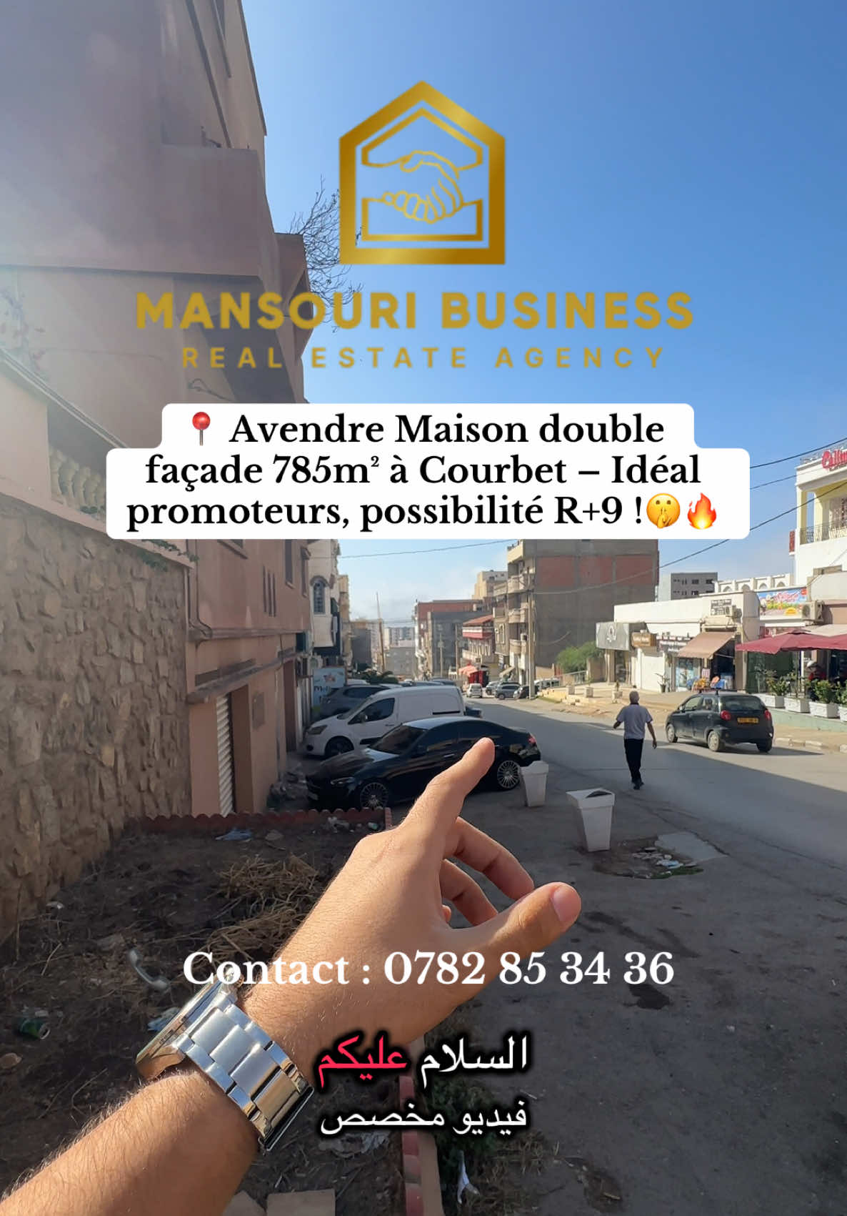 🏗️ MANSOURI BUSINESS 📍 À VENDRE – Maison + Terrain 785 m² à Courbet, Oran Une opportunité exceptionnelle pour promoteurs, investisseurs ou particuliers ambitieux. 💎 Terrain double face, en forme de L, parfaitement positionné dans un secteur recherché et stratégique de Courbet. ✅ Avantages de l’emplacement : 	•	Situé sur un axe passant et hautement visible, idéal pour tout projet résidentiel ou commercial. 	•	Proximité immédiate des grands boulevards, commerces, transports et services. 	•	Quartier calme, urbain et valorisé, offrant une forte rentabilité à long terme. 📏 Superficie totale : 785 m² 🏢 Possibilité de construire jusqu’à R+9 — parfait pour un immeuble de standing, résidence moderne ou projet mixte (habitation + local commercial). 📞 Contact : 0782 85 34 36 💼 En cas de vente, notre commission est de 1% du montant. 🏠 Mansouri Business, votre partenaire de confiance pour tout projet immobilier à Oran #Oran #terrain #promotionimmobiliere #Immobilier #AgenceImmobilière 