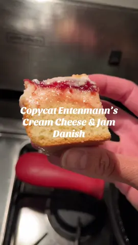 Entenmann’s-style Cream Cheese and Jam Danish🍓 8”x8” baking pan 2/3 cup whole milk, at 100°F 45g (3 Tbsp + 1 tsp) sugar 5g (1.5 tsp) active dry yeast 240g (2 cups) AP flour 1/2 tsp salt 1 tsp vanilla 1 egg + 1 yolk 1/3 cup unsalted butter, room temp 4 oz cream cheese, softened 2 Tbsp powdered sugar 1 tsp vanilla 2/3 cup jam of your choice 2/3 cup powdered sugar 1 Tbsp whole milk 1/2 tsp vanilla 1. Combined the warmed milk with the sugar and active dry yeast. Set aside for 5-10 minutes. The mixture should become foamy/bubbly which means the yeast is alive and good to use.  2. In the bowl of a stand mixer, mix the flour and salt. Pour in the bubbly yeast mixture, vanilla, and eggs. Mix using a dough hook. 3. Once a dough forms, begin adding in the softened butter one tablespoon at a time, allowing time for it to mix in before each addition. 4. Grease a separate bowl and add in the dough. Cover and allow to rise in a warm environment until doubled in size, about 1 hour.  5. While dough is proofing, mix the cream cheese, powdered sugar, and vanilla for the cream cheese filling.  6. When your dough is almost done proofing, preheat your oven to 350°F.  7. After the dough has proofed, pour it out onto a well floured surface (it’ll be sticky!). Separate the dough into 3 equal balls. I recommend using a bench scraper so it’s easier to move the dough around.  Roll each ball of dough into a long strand about 9” long. Twist each strand into a loose braid and place into your baking pan side by side. Cover and let proof for about 20 minutes.  8. Use a spoon dipped in flour to press down on the dough where the strands touch, forming a little trench to put the cream cheese and jam fillings.  9. Spread the cream cheese between the two trenches in the dough then spread the jam evenly over the top of the cream cheese.  10. Bake for about 25 minutes at 350°F. If the dough still appears underdone in the center where the fillings are, lower the oven temperature to 325°F and bake for an additional 5 minutes. 11. Mix the powdered sugar, milk, and vanilla to make the icing.  12. Allow the danish to cool completely before drizzling the icing over top.  Enjoy! #BakeWithMe #homemade #entenmanns #dessert 