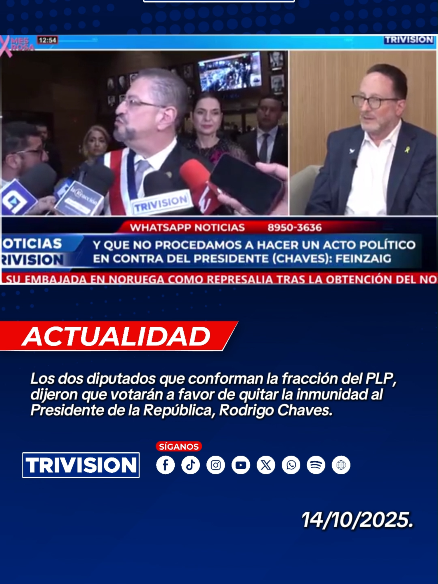 🔴#NoticiasTrivision| Los dos diputados que conforman la fracción del PLP, dijeron que votarán a favor de quitar la inmunidad al Presidente de la República, Rodrigo Chaves.