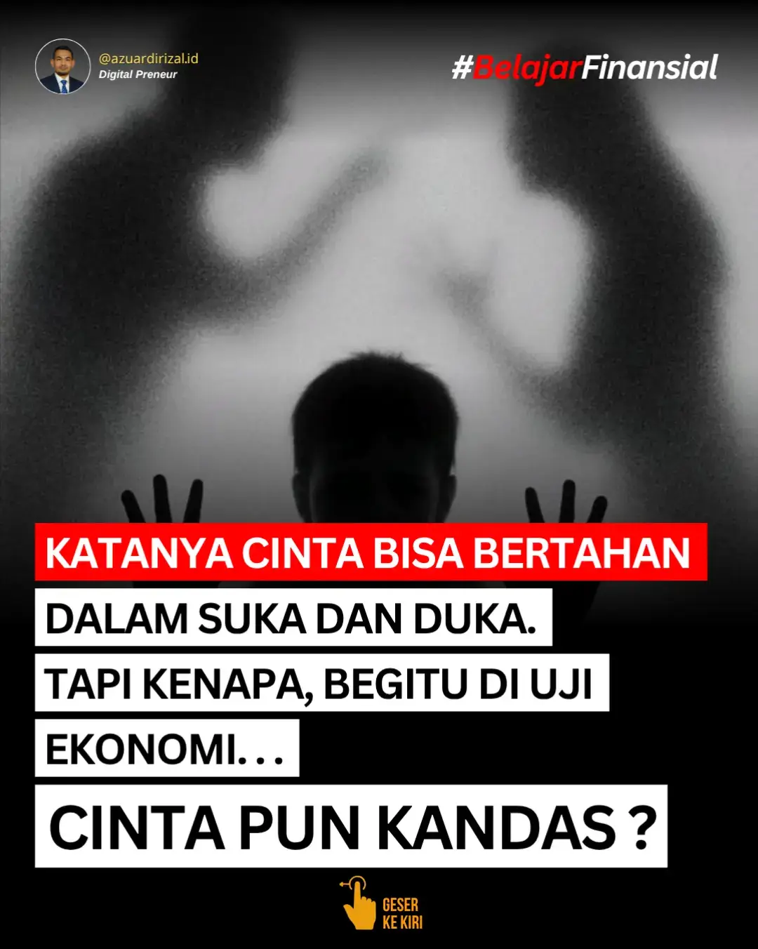 “Katanya cinta bisa bertahan dalam suka dan duka… Tapi kenapa, begitu diuji ekonomi… cinta justru paling mudah retak?” Di awal pernikahan, semuanya terasa indah. Berjanji akan saling menemani dalam susah dan senang. Tapi kenyataannya, hidup nggak seindah janji. Ketika uang mulai habis, perhatian ikut menipis. Ketika dapur berhenti mengepul, amarah mulai timbul. Dan ketika anak menangis minta sesuatu yang belum mampu dibeli, hati mulai menyesali. Bukan karena mereka nggak saling cinta, tapi karena tekanan hidup terlalu kuat. Lelah bekerja tapi tak cukup, lelah bertahan tapi terus kekurangan. Sampai akhirnya, yang dulu saling merangkul, kini saling diam. Laki-laki mulai merasa gagal, perempuan mulai merasa sendiri. Dan tanpa sadar, cinta berubah jadi pertengkaran, bukan lagi pelukan. Dan perlahan, pertanyaan itu muncul di hati masing-masing: “Apakah kita masih bisa bertahan… atau lebih baik menyerah?” Padahal, kalau dipikir-pikir… bukan cinta yang hilang, tapi komitmen awal dan kesabaran yang terkikis oleh rasa lapar dan tagihan. Karena kadang, bukan perpisahan yang dibutuhkan, tapi waktu untuk kembali saling memahami bahwa… hidup ini memang berat, tapi jauh lebih berat kalau dijalani sendirian. Jadi, haruskah berpisah saat diuji ekonomi? Mungkin bukan berpisah yang perlu… tapi berjuang bersama yang harus diingat lagi. 🤍 Kalau kamu setuju, tag pasanganmu dan bilang: “Aku berjanji akan menemanimu dalam susah dan senang.” 💬 #BelajarFinansial #CintaDewasa #RealitaHubungan #CintaDanUang #FinansialKeluarga