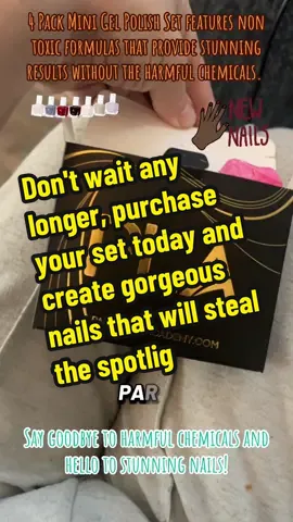 Our 4 Pack Mini Gel Polish Set features non toxic formulas that provide stunning results without the harmful chemicals. Made with only the finest ingredients, this product is free from TPO and HEMA, making it a safe choice for all ages. #gelnailsathome #nailpolish #gelnailpolish #nailpolishhack #nailpolishaddict 