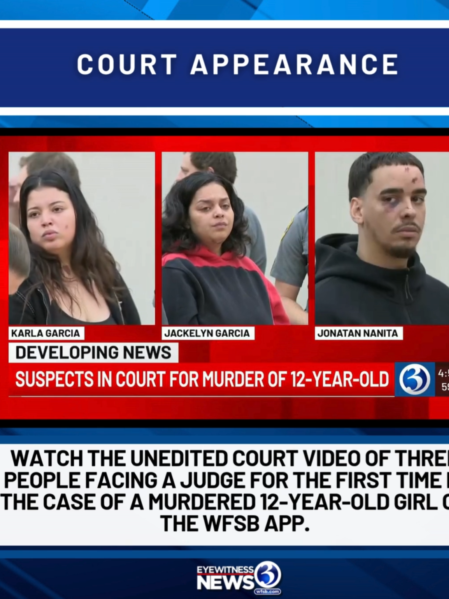 Three people faced a judge in the case of a murdered 12-year-old girl. Karla Garcia and Jackelyn Garcia, the mother and aunt of the girl, appeared in Litchfield County Superior Court in Torrington on Tuesday in connection to the murder of Jacqueline Torres. A third suspect, Jonatan Nanita, whom police said was Karla Garcia’s boyfriend, was also arrested in the case. He too faced a judge in Torrington. According to police, Jacqueline was murdered in Farmington last fall. Her body was kept in a plastic container for a year before being dumped behind an abandoned home on Clark Street in New Britain last week. Police were alerted to the body’s location through an anonymous tip. Police believe her body was secretly kept in the family basement in Farmington and moved when her family relocated to New Britain. Jacqueline would have been 12-years-old on January 29, 2025. #connecticut #localnews #breakingnews #news #wfsb #police #investigation #court #courtroom #attorney #newbritain #DCF #policeinvestigation #murderinvestigation #truecrimetok #missingperson #missingchild #arrest