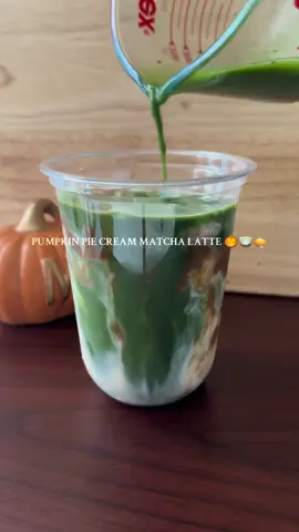 an extra green matcha latte with pumpkin syrup + pumpkin cream! 🍵🎃 #FYP #PumpkinCream #PumpkinMatcha 