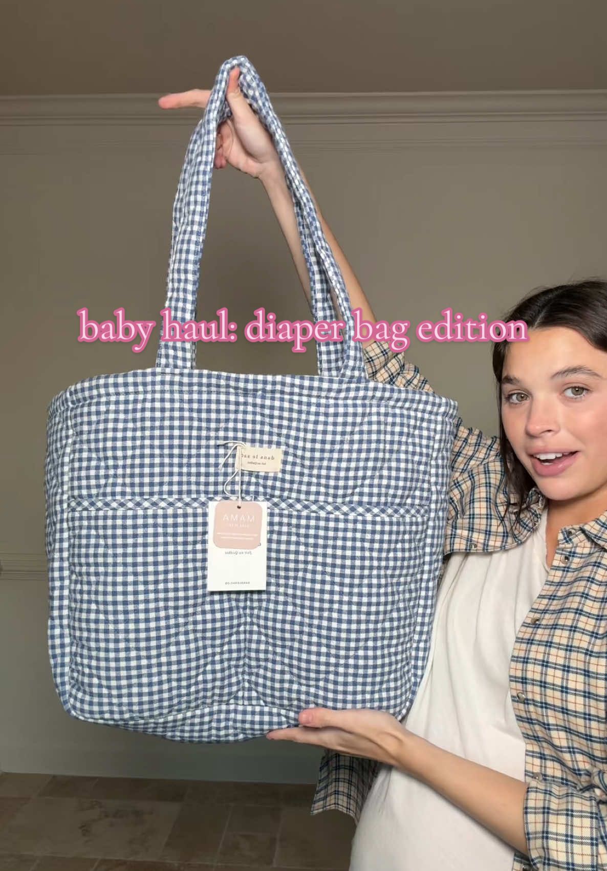 I am obsessed with this diaper bag!! The brand is dans le sac — blue gingham 💙 #diaperbag #pregnantlife 