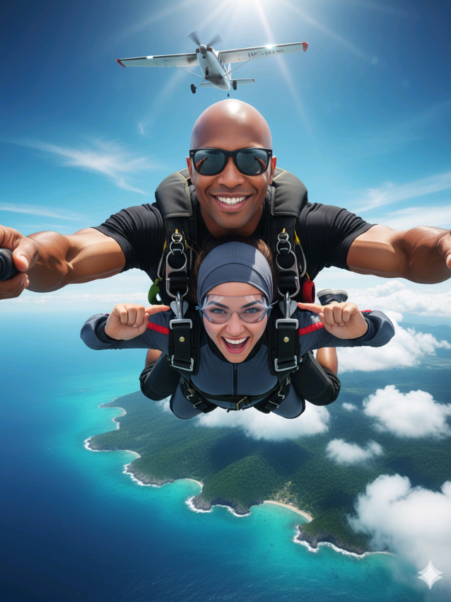 AI Post • Viral Post • Trending Post Couples HD Ideias de Photos e prompts  Tutorial do Prompt 1️⃣ Abra o Gemini 2.5 (no Google ou no app). 2️⃣ Envie a sua foto. 3️⃣ Cole o prompt abaixo. Gere uma tomada de self frontal de uma imagem fictícia, ilustrativa, editorial hiper-realista HD e cinematográfica em 8K, no formato vertical 9:16, com estilo hiper-realista de revista de luxo. Um retrato de alta gama, preservando exatamente os rostos em 100% (imagem anexada), proporções corporais, tom de pele e expressões das pessoas fornecidas., estilo editorial de alta aventura. Preservação: Manter exatamente os rostos, proporções corporais, tons de pele e expressões originais do casal. Preservar identidade facial com fidelidade molecular. Descrição Nano-Precisão: Uma selfie frontal cinematográfica capturada durante um salto duplo de paraquedas (tandem) sobre uma região costeira tropical paradisíaca. O casal está em queda livre a alta velocidade, flutuando sobre o oceano azul-turquesa e uma floresta tropical esverdeada, com nuvens densas logo abaixo. O avião de salto (Pilatus PC-6 ou Cessna Caravan) é visível no topo da imagem, sugerindo um salto recém-feito. A GoPro está montada em um bastão extensor, em perspectiva levemente de baixo para cima, captando rosto e tronco superior do casal em primeiro plano, com fundo cinematográfico tropical. A pose incorpora o movimento “Kiss on Sky” da imagem de referência anexada, com o casal em queda livre realizando um beijo em pleno ar, transmitindo emoção, adrenalina e conexão intensa durante o salto, mantendo a estética cinematográfica e o enquadramento vertical. O momento mostra o paraquedas começando a se abrir acima deles, com as tiras tensionadas e o tecido parcialmente inflado, criando movimento realista e sensação de transição da queda livre para a desaceleração. A mulher, loira olhos verdes, cabelo loiro até a cintura (foto anexada), (à frente) segura o bastão de selfie com a câmera GoPro, sorrindo intensamente com expressão de felicidade e adrenalina. O homem negro careca (foto anexada), (instrutor) está atrás, com os braços abertos em posição de equilíbrio e liberdade, transmitindo energia, segurança e domínio do salto. Ele usa arnês e colete técnico de paraquedismo, óculos escuros espelhados, relógio esportivo digital preto no pulso esquerdo, pulseira de silicone azul ou preta no pulso direito. A mulher veste o mesmo look padronizado: macacão de paraquedismo cinza-grafite com faixas azul-petróleo e branco perolado, arnês técnico preto com presilhas metálicas, óculos escuros espelhados, relógio esportivo digital preto no pulso esquerdo e pulseira de silicone azul ou preta no direito, podendo usar hijab esportivo ou cabelo ao vento conforme referência. Ambos com calçados esportivos pretos e bastão de selfie visível segurando a câmera GoPro. Ambos iluminados por sol de meio-dia, com reflexos realistas sobre rostos, óculos e superfícies metálicas do equipamento. O fundo mostra mar brilhante, nuvens brancas, costa tropical verde e céu azul intenso, tudo em altíssimo contraste e saturação luxuosa. Sensação de movimento, liberdade e conexão emocional entre o casal, com enquadramento vertical cinematográfico e composição idêntica em todas as reproduções.Ultra-realistic 8K cinematic detail Magazine editorial style (National Geographic / GoPro Experience) Perfect lighting realism, midday tropical sun Natural skin tones, molecular texture fidelity Dynamic aerial composition, motion realism Photorealistic contrast, glossy highlights, emotional storytelling Vertical 9:16 framing, luxury visual tone @Podcast Live Style  #ai #chatgpt #foryou #editing #creatorsearchinsights