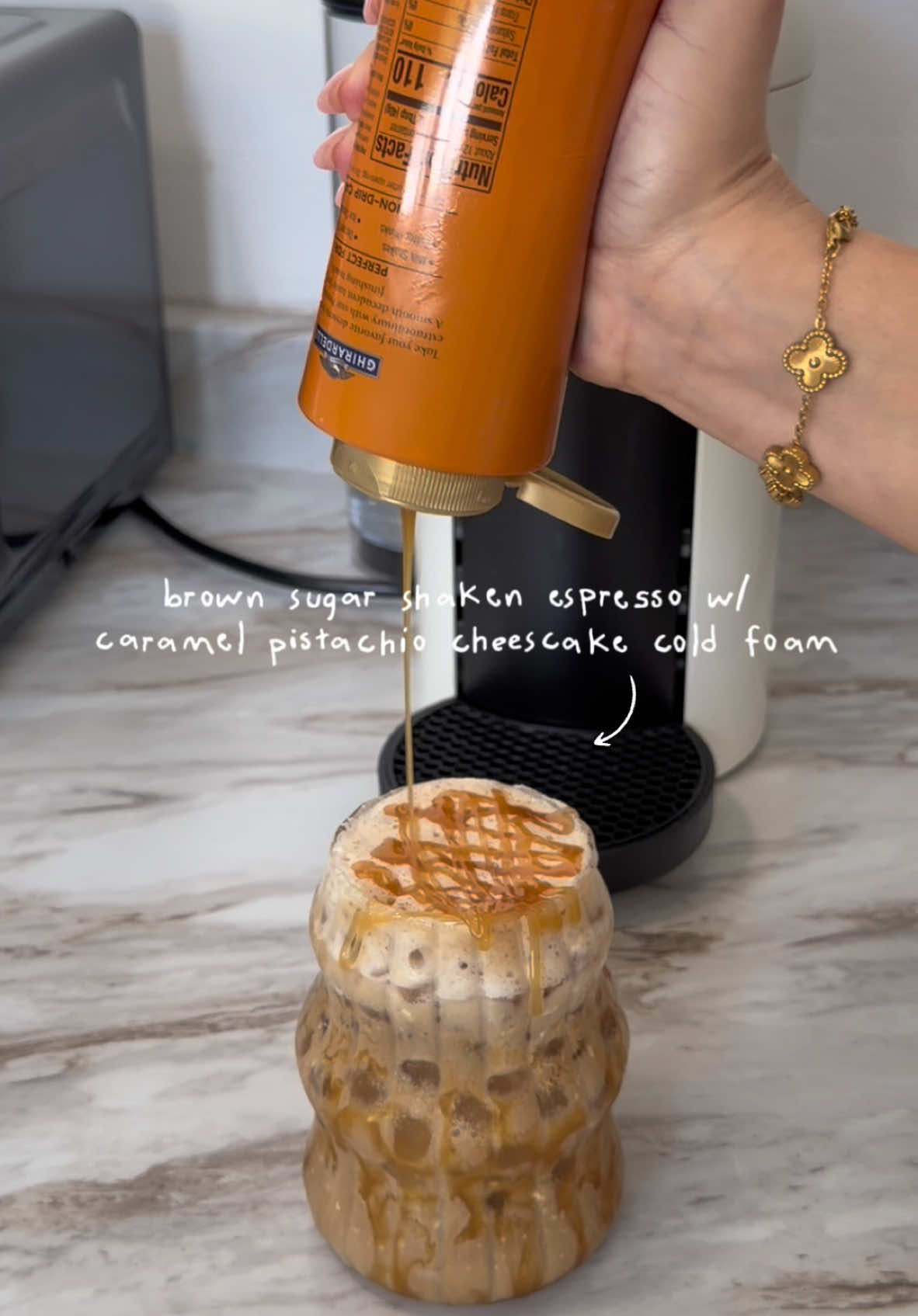 happy tuesday! 🫶🏼 another day, another coffee recipe. might mess around and open a little coffee food truck in the near future?? lol  brown sugar shaken espresso w/ caramel pistachio cheescake cold foam 🧸🤎 - brown sugar  - pinch of salt ✨ - @Nespresso chiaro pod on top - shake it up - splash of milk of choice 🥛 - pour brown sugar espresso mixture  caramel pistachio cheesecake cold foam mixture 🍰 - pistachio creamer  - cream cheese, I used regular but use softened cream cheese for a creamier mixture  - cinnamon 🤎 - froth it up until you get a cold foam consistency  - pour it onto coffee  - drizzle caramel on top  hope everyone has a beautiful week and happy fall! 🍂🎃 #fyp #coffeetok #coffeetime #coffeerecipes #brownsugarshakenespresso #coffeeathome 