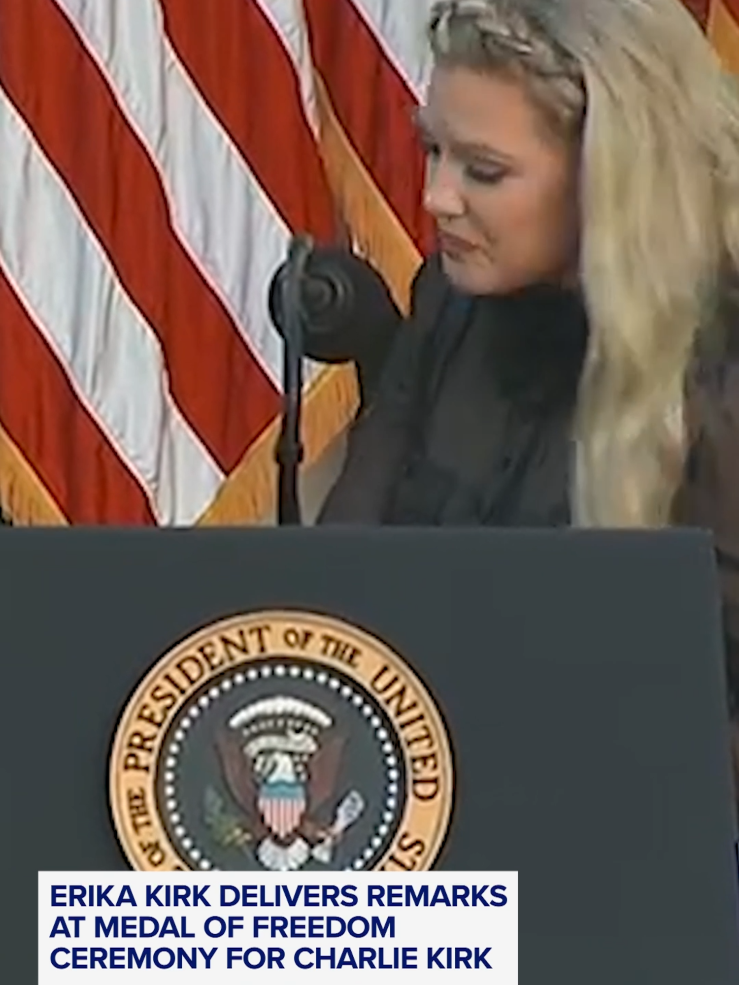 Erika Kirk delivers remarks at the White House after President Trump awarded conservative activist Charlie Kirk the nation's highest civilian honor, the Presidential Medal of Freedom, on what would have been his 32nd birthday.