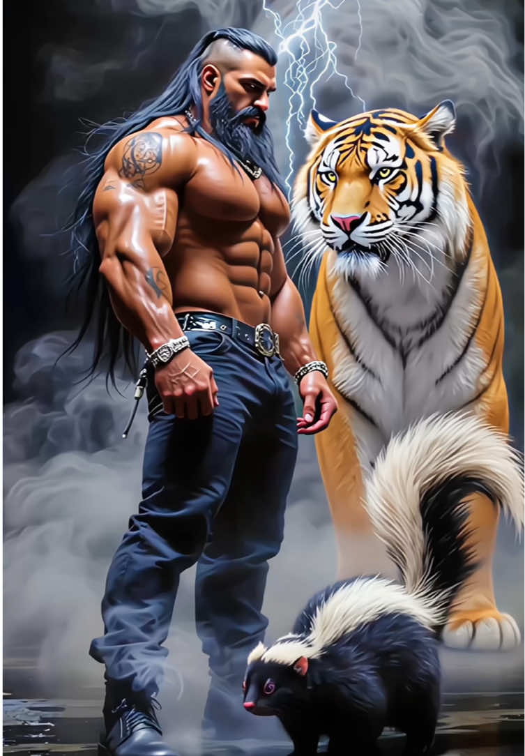 Human and Tiger and Skunk Fusion #ai #aiart #hybrid #fusion #livewallpaper 
