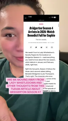 This article from TUDUM about #bridgerton season 4 is quite interesting especially with the very first sentence. Seeing how Lady Whistledown played a large role in not just the show but also through promos and how articles are written about the show. The person who once seemed to be in the know, now seems to be somewhat cast aside. Will she still be writing in future seasons? Or will season 4 be her final season? Also, I kind of hope this season will be the time we see more of detective Hyacinth versus detective Eloise. Considering they are looking towards adapting all 8 books. It would make sense to really amp up more Hyacinth being the true detective of the family. Anyways, I can’t wait to see what twists and turns they will throw our way! #benophie #ladywhistledown #benedictbridgerton #eloisebridgerton 