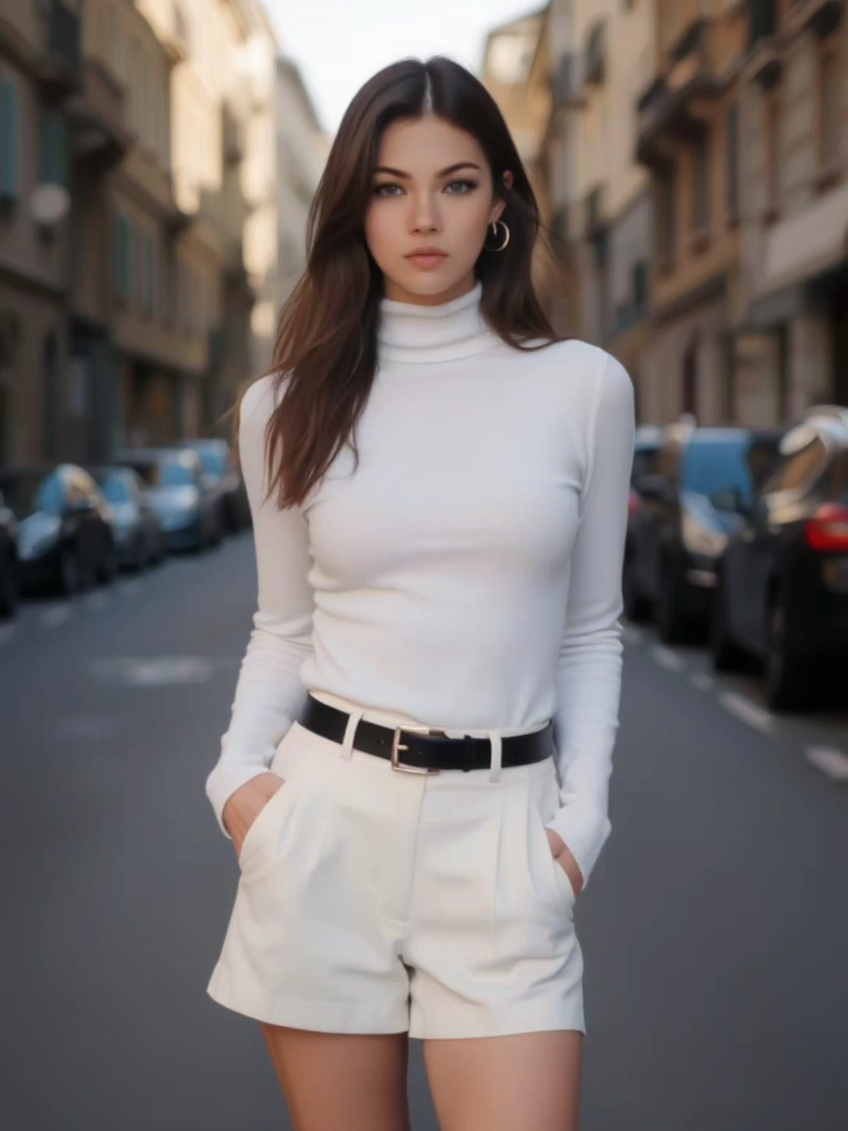 wanna see yourself wearing white turtle neck matched with white shorts and a black boots? try this filter and have fun ✨️ #aifilter #whitedressstyle #turtleneck  #blackbootsoutfits  #transformationvideo 
