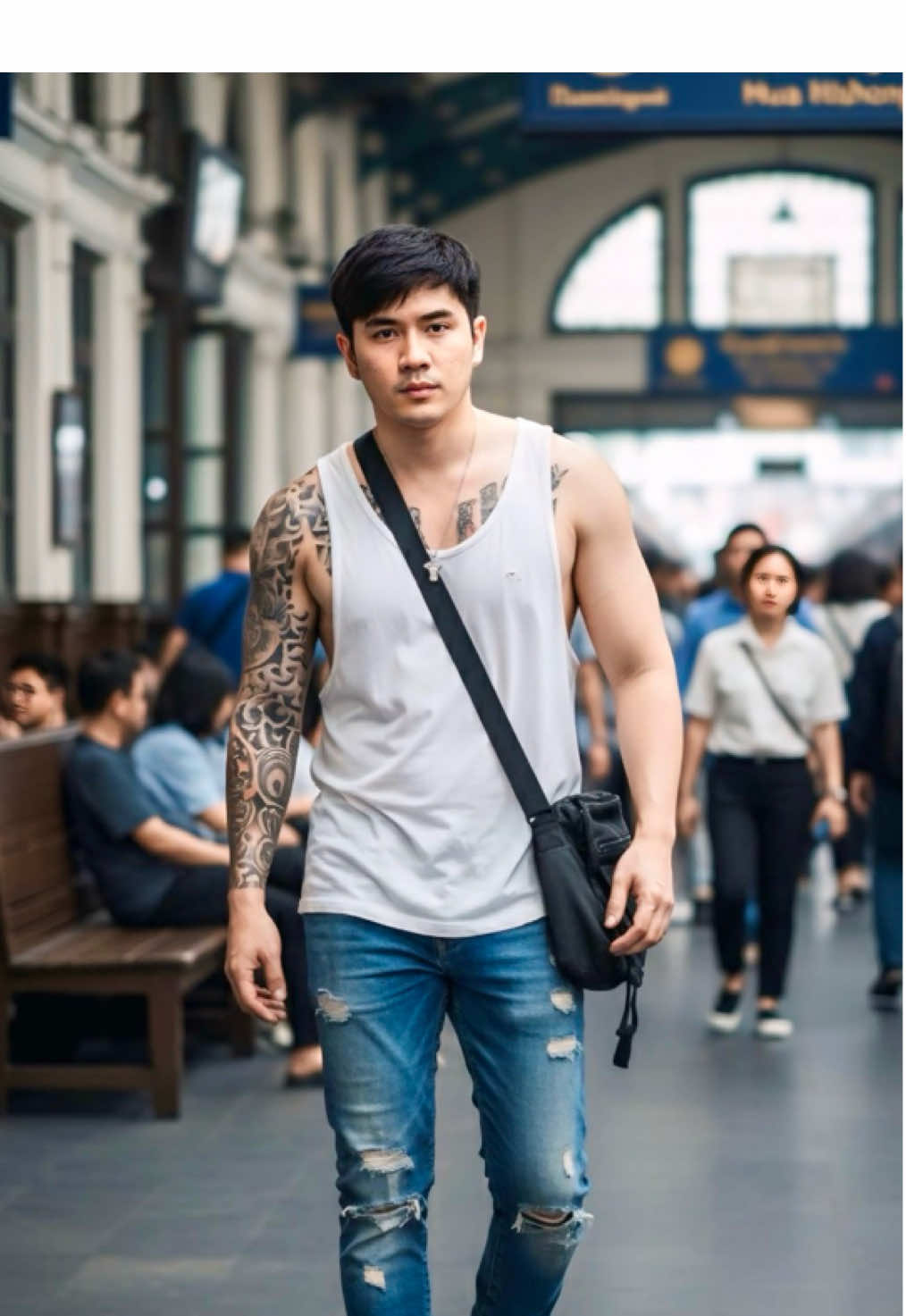 Use the uploaded face exactly as in the original image (100% same facial features and hairstyle, no alteration). Create a hyper-realistic, cinematic street fashion photo of a handsome, rugged man with a fit body and cool, edgy vibe. He wears a loose white tank top with small tears and holes, showing his tattoos on both arms, and a necklace. He’s dressed in faded ripped jeans and brown Dr. Martens boots, carrying an old black fabric shoulder bag. He is walking inside Hua Lamphong train station (Bangkok) surrounded by crowds of people in motion, while the focus is sharp on him. The background is softly blurred, with a moody, overcast atmosphere — evoking urban street style editorial photography. Shot in high resolution, 8K, cinematic lighting, shallow depth of field. #AI #gemini 