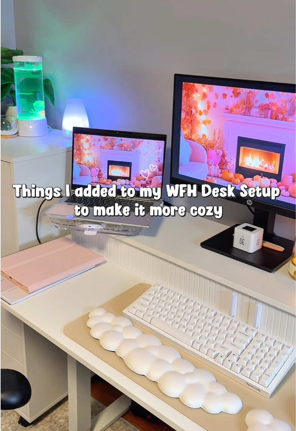 Here are some things I added to my work from home desk setup to make it more cozy and fun! I find that doing this creates something for me to look forward to during the work week! I’m telling you it’s the little things sometimes 💖 #desksetup #deskaesthetic #wfhsetup #cozydesksetup #cozyvibes 