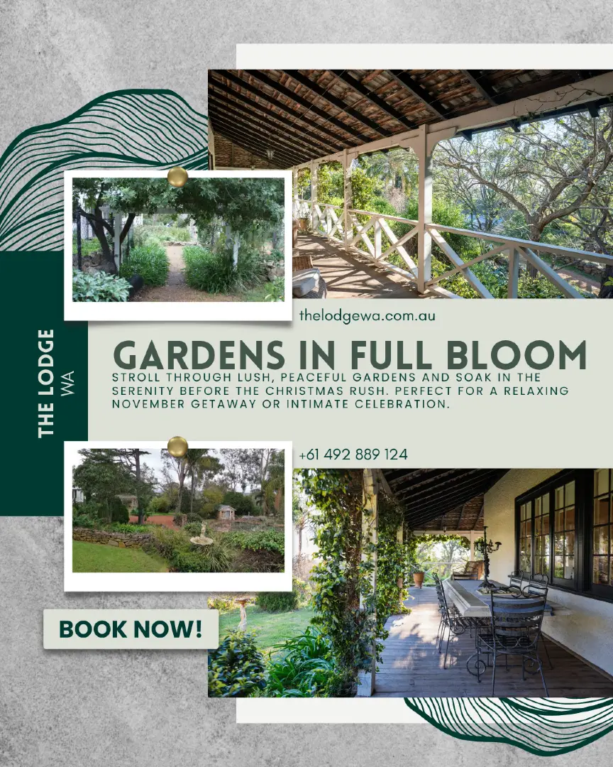 🌸 Gardens in Full Bloom 🌸 Take a peaceful stroll through lush gardens and let the calm surround you. November is your time to slow down, reconnect with nature, and enjoy the gentle rhythm of quiet days. Whether it’s a refreshing getaway or an intimate celebration, The Lodge WA is where serenity naturally unfolds. Book now and experience the calm at thelodgewa.com.au 📞 +61 492 889 124 📧 info@thelodgewa.com.au #gardensinbloom #thelodgeexperience #peacefulescape #thelodgewa #tranquilstay #unwindnaturally #natureretreat #novembergetaway #serenemoments #westernaustralia